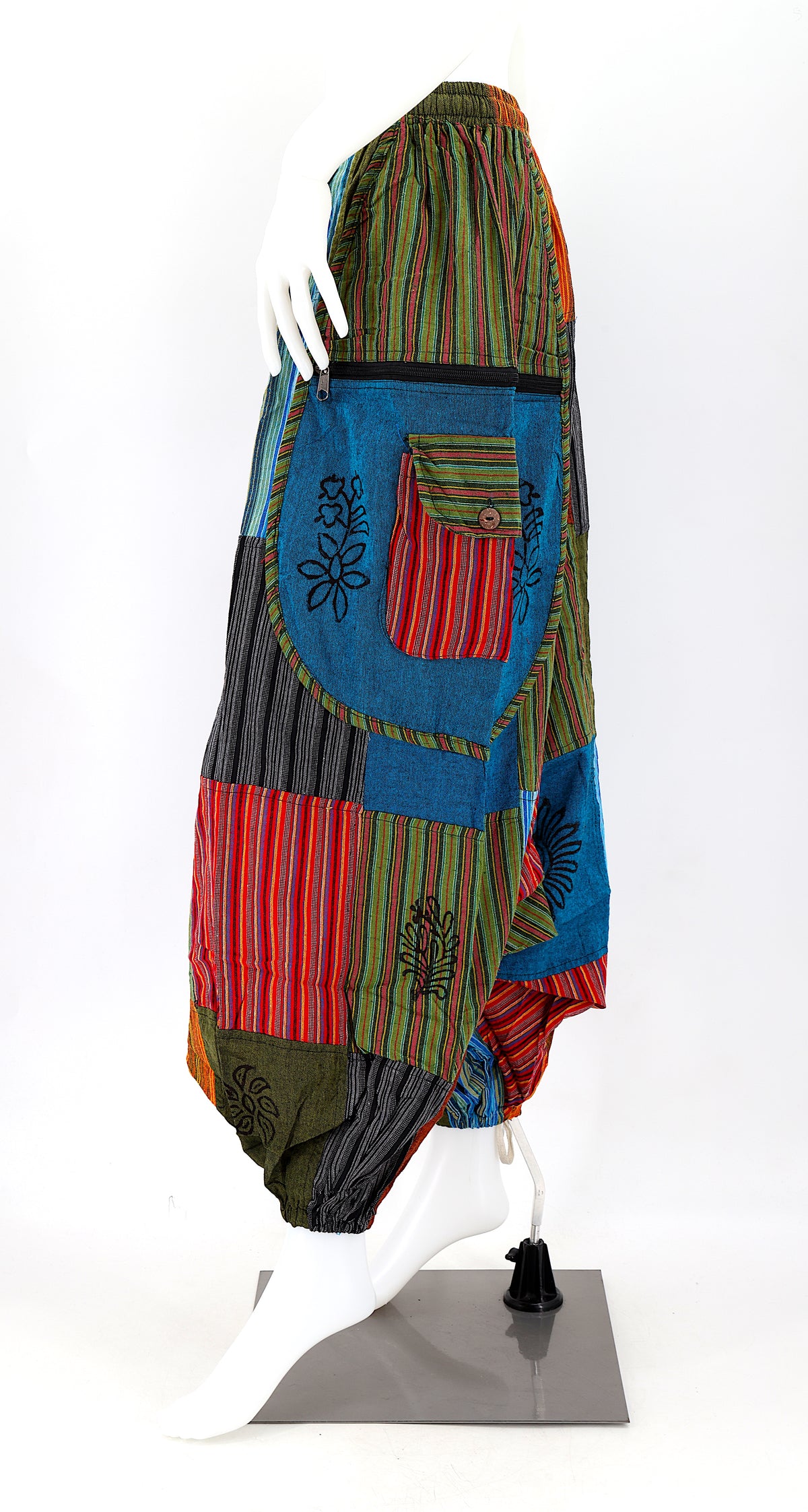 Patchwork-Hose mit tiefem Schritt | Bunt bedruckte Baumwoll-Haremshose im Blockprint-Stil