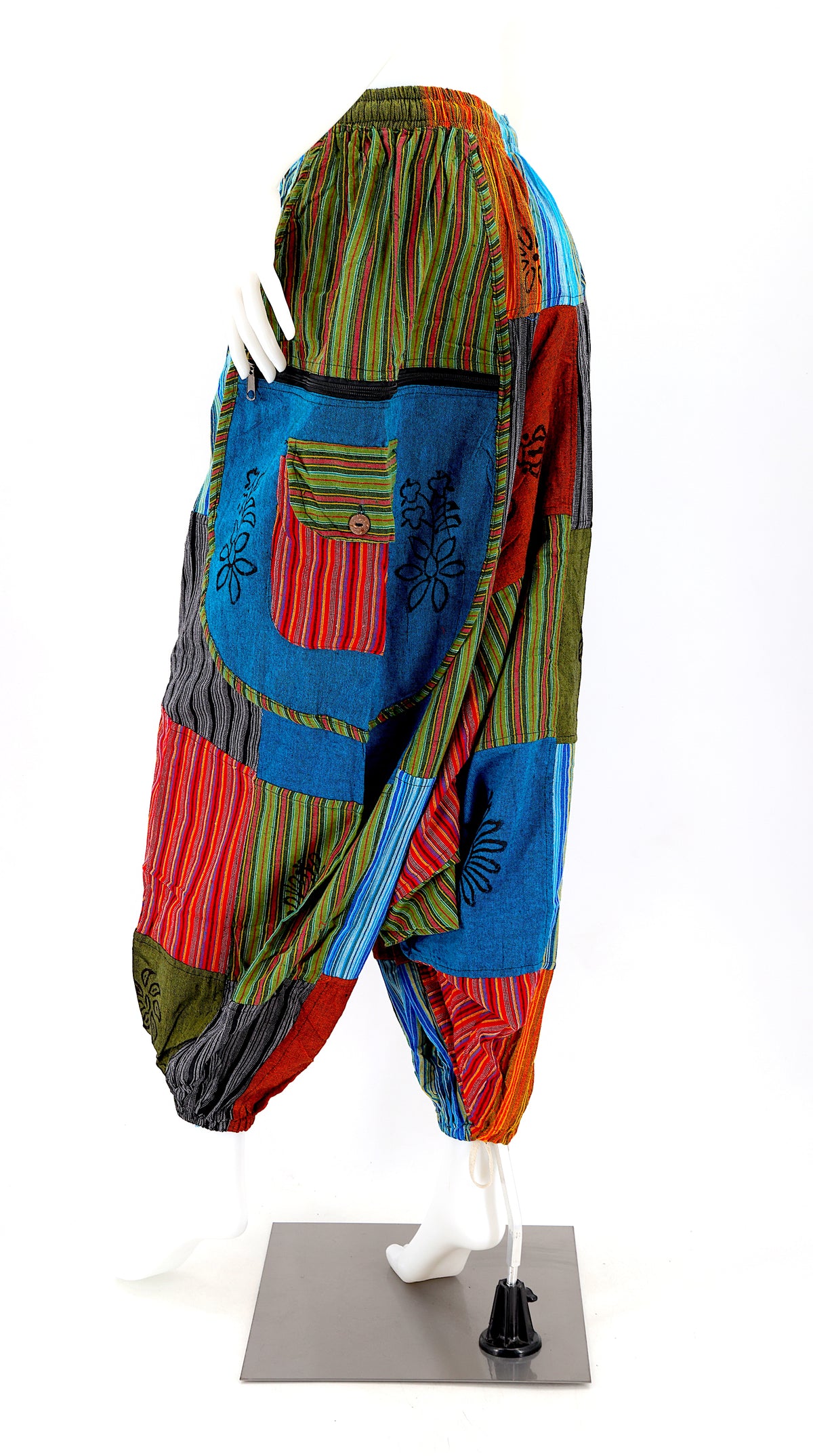 Patchwork-Hose mit tiefem Schritt | Bunt bedruckte Baumwoll-Haremshose im Blockprint-Stil