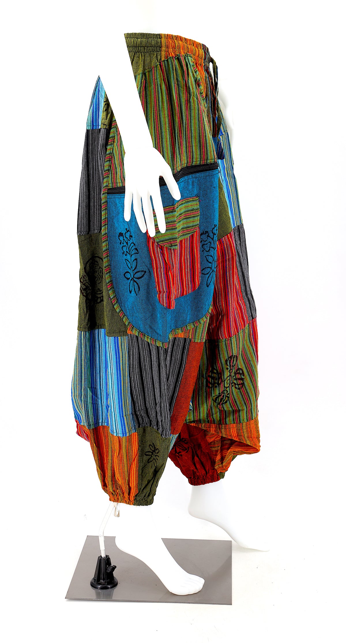 Patchwork-Hose mit tiefem Schritt | Bunt bedruckte Baumwoll-Haremshose im Blockprint-Stil