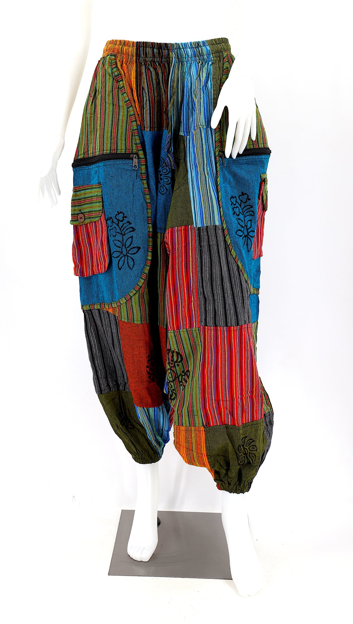 Patchwork-Hose mit tiefem Schritt | Bunt bedruckte Baumwoll-Haremshose im Blockprint-Stil