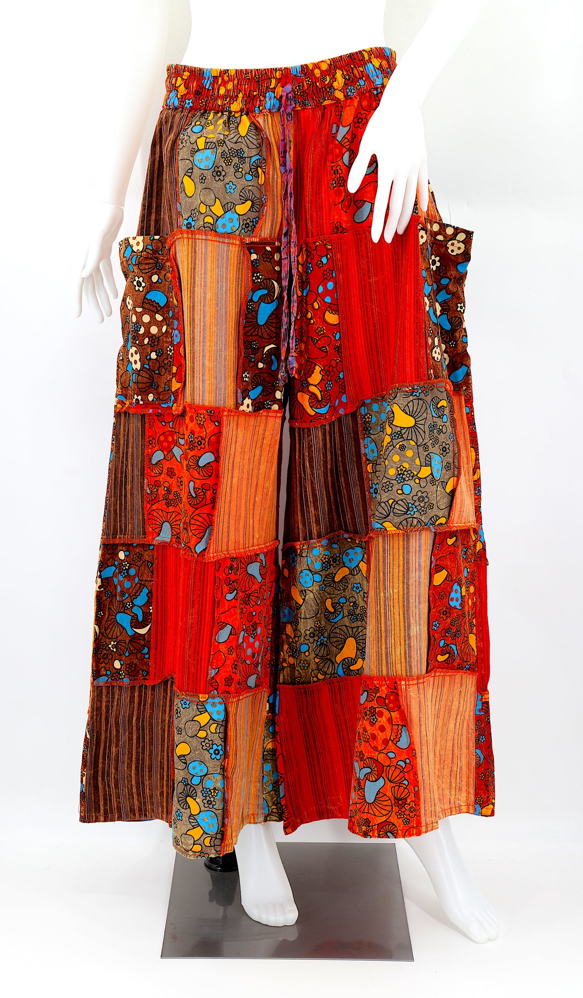 Handmade mushroom design patchwork harem pants with wide-leg silhouette in natural cotton