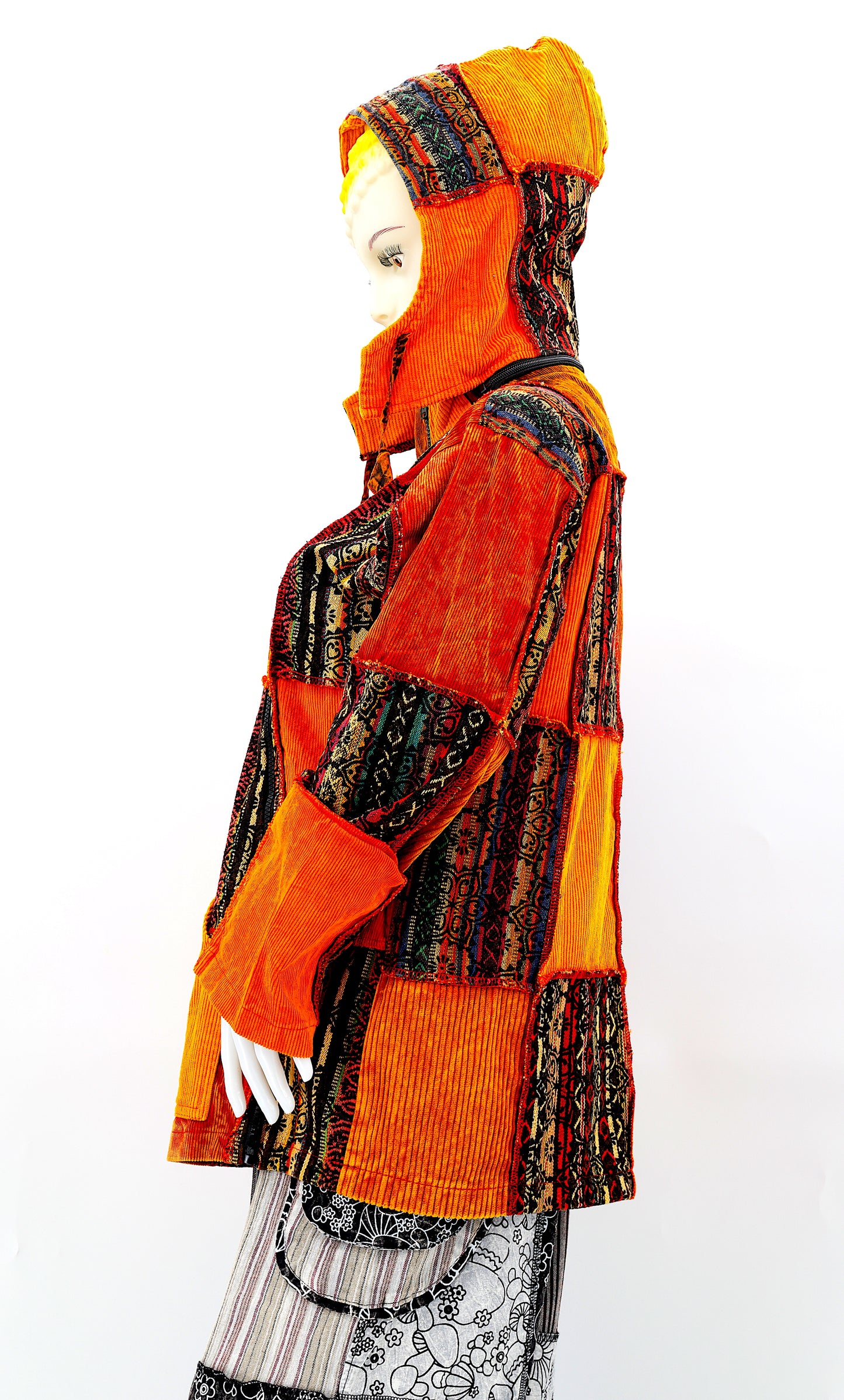 Cotton Hippie Handmade Overlock Corduroy Patchwork Bohemian Hooded Jacket