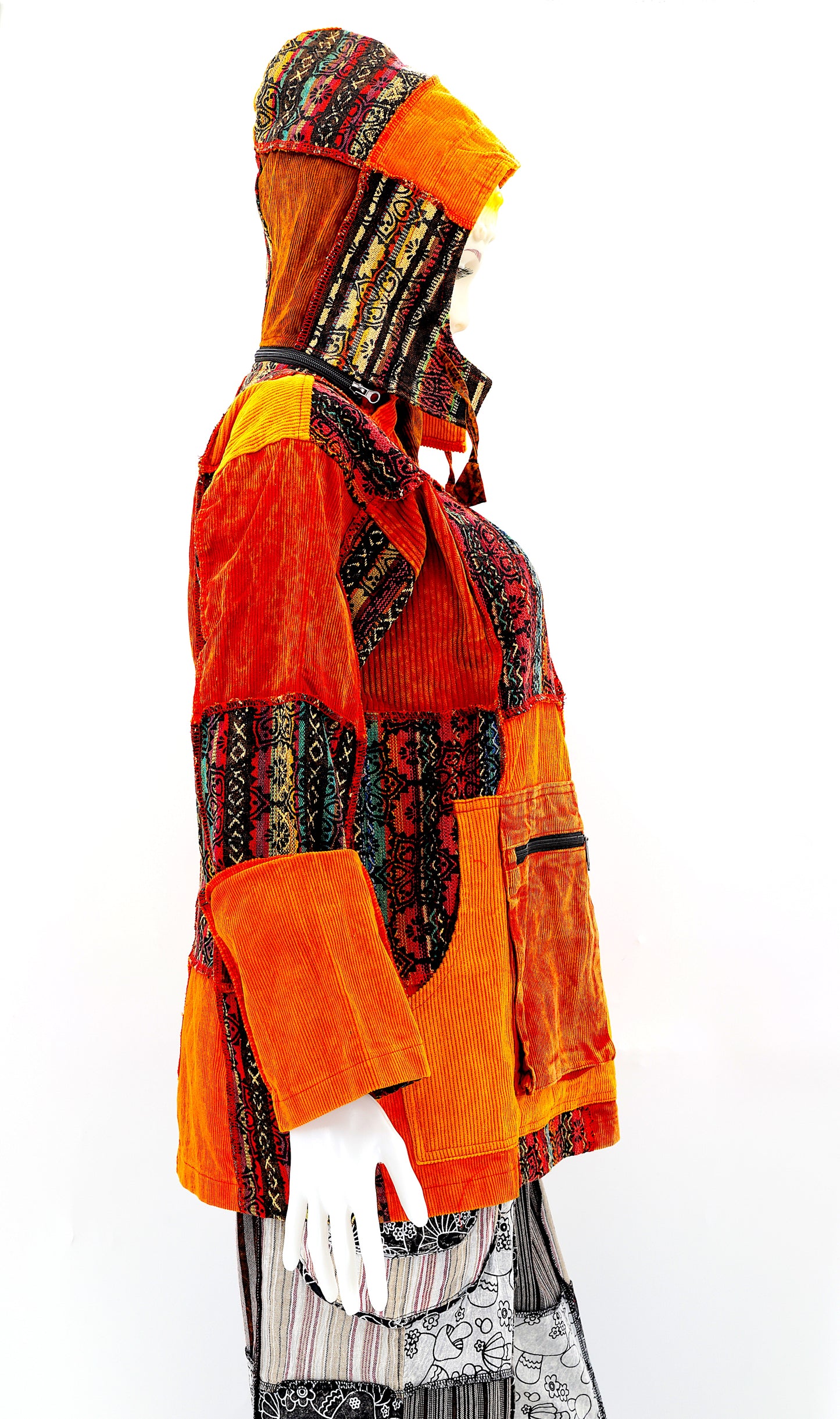 Cotton Hippie Handmade Overlock Corduroy Patchwork Bohemian Hooded Jacket