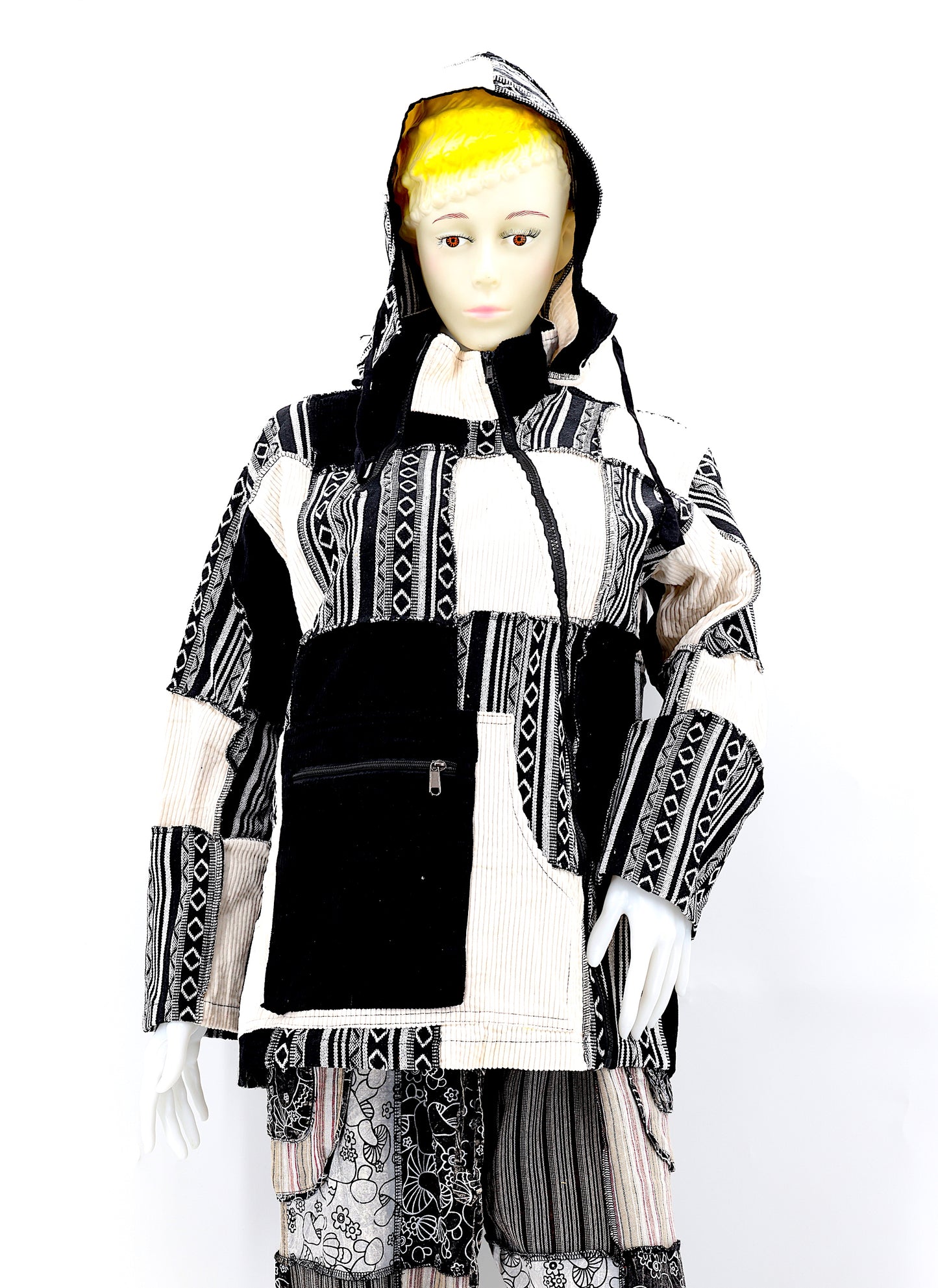 Cotton Hippie Handmade Overlock Corduroy Patchwork Bohemian Hooded Jacket