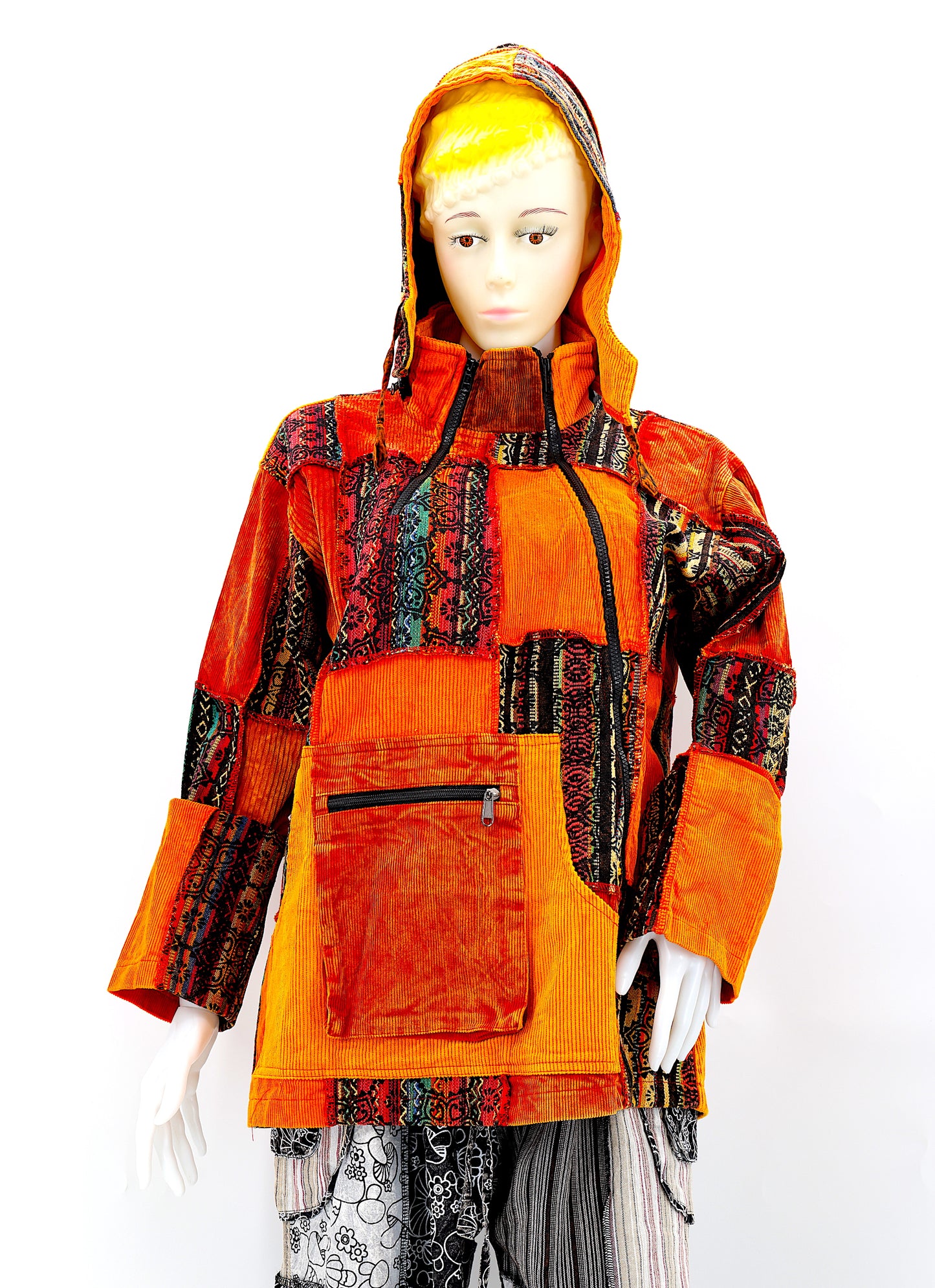 Cotton Hippie Handmade Overlock Corduroy Patchwork Bohemian Hooded Jacket