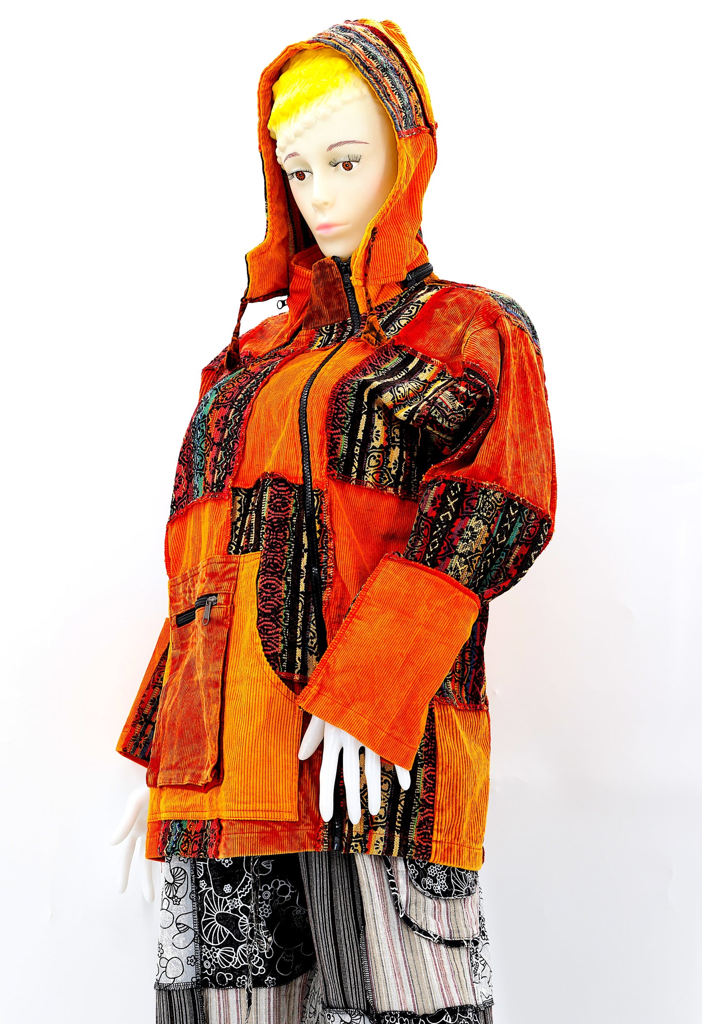 Cotton Hippie Handmade Overlock Corduroy Patchwork Bohemian Hooded Jacket