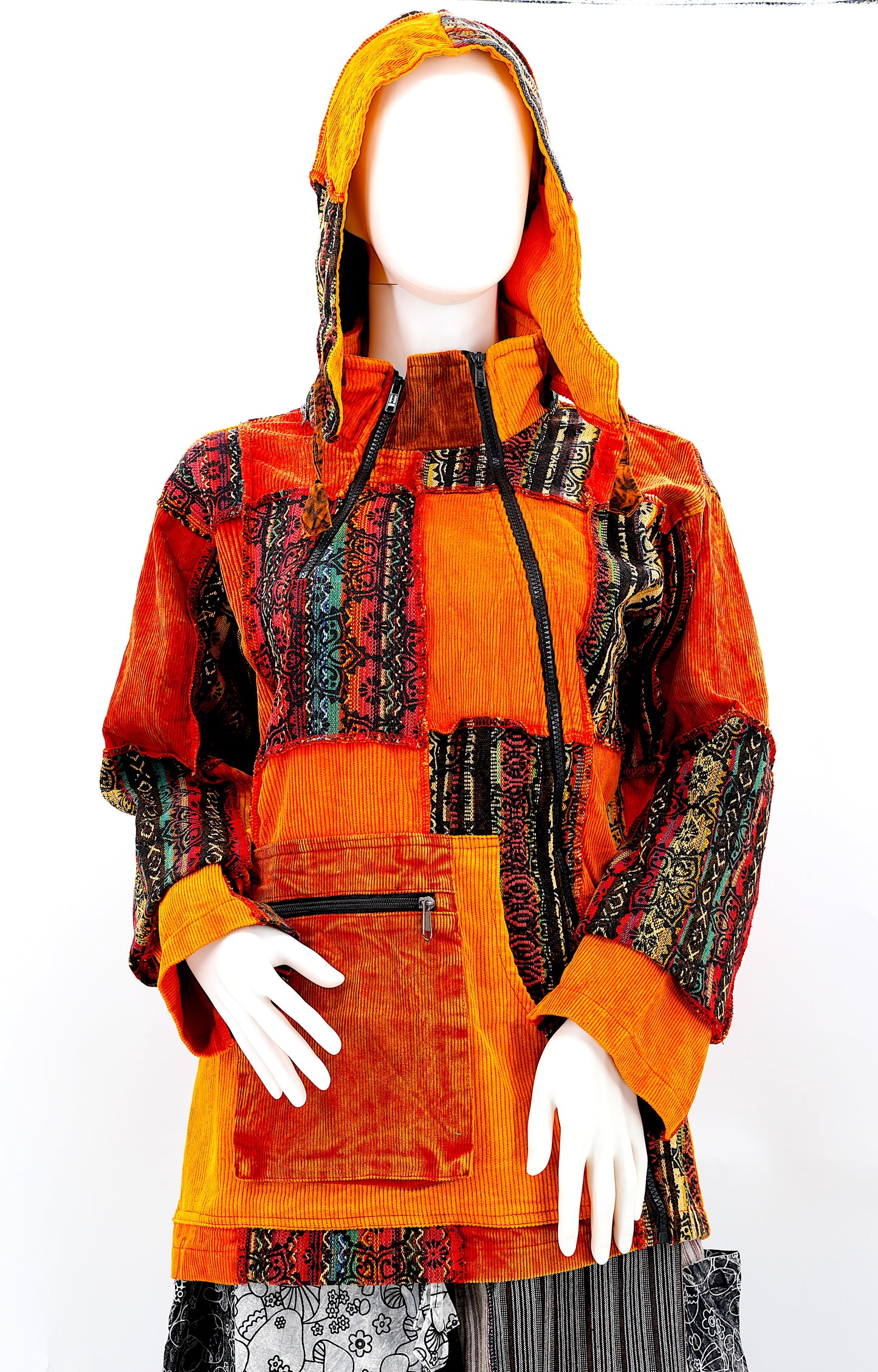 Cotton Hippie Handmade Overlock Corduroy Patchwork Bohemian Hooded Jacket
