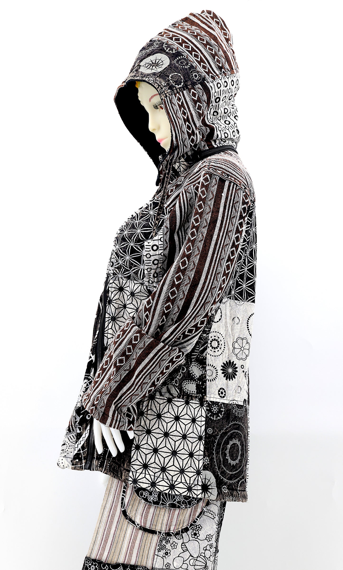 Cotton Hippie Handmade Patchwork Fleece Lined Geometric Print Bohemian Jacket