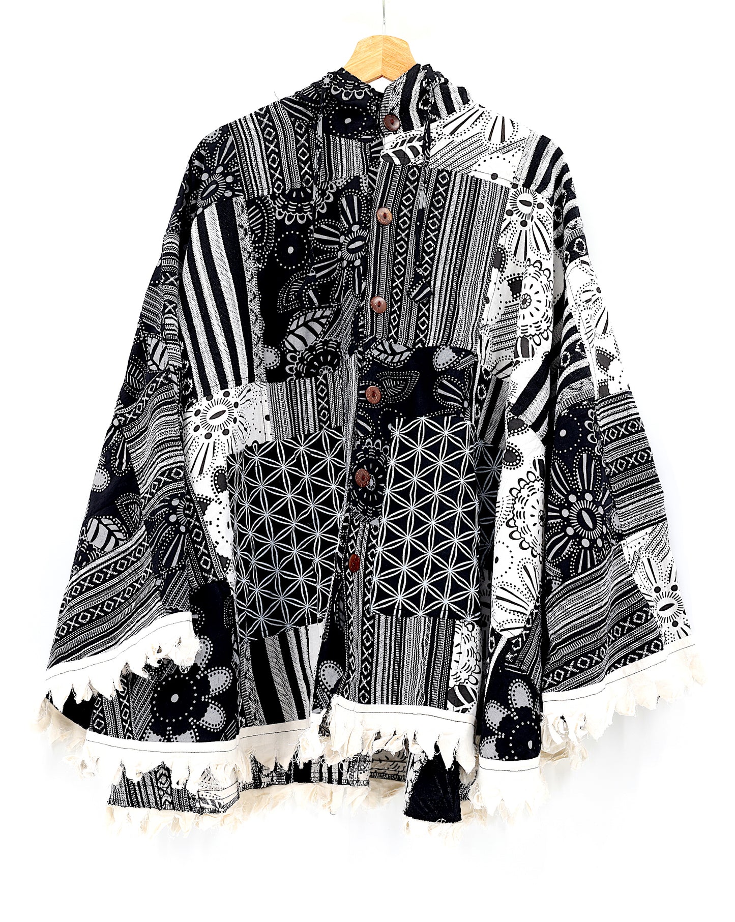 Cotton Hippie Handmade Flower of Life and Geometric Print Patchwork Bohemian Poncho