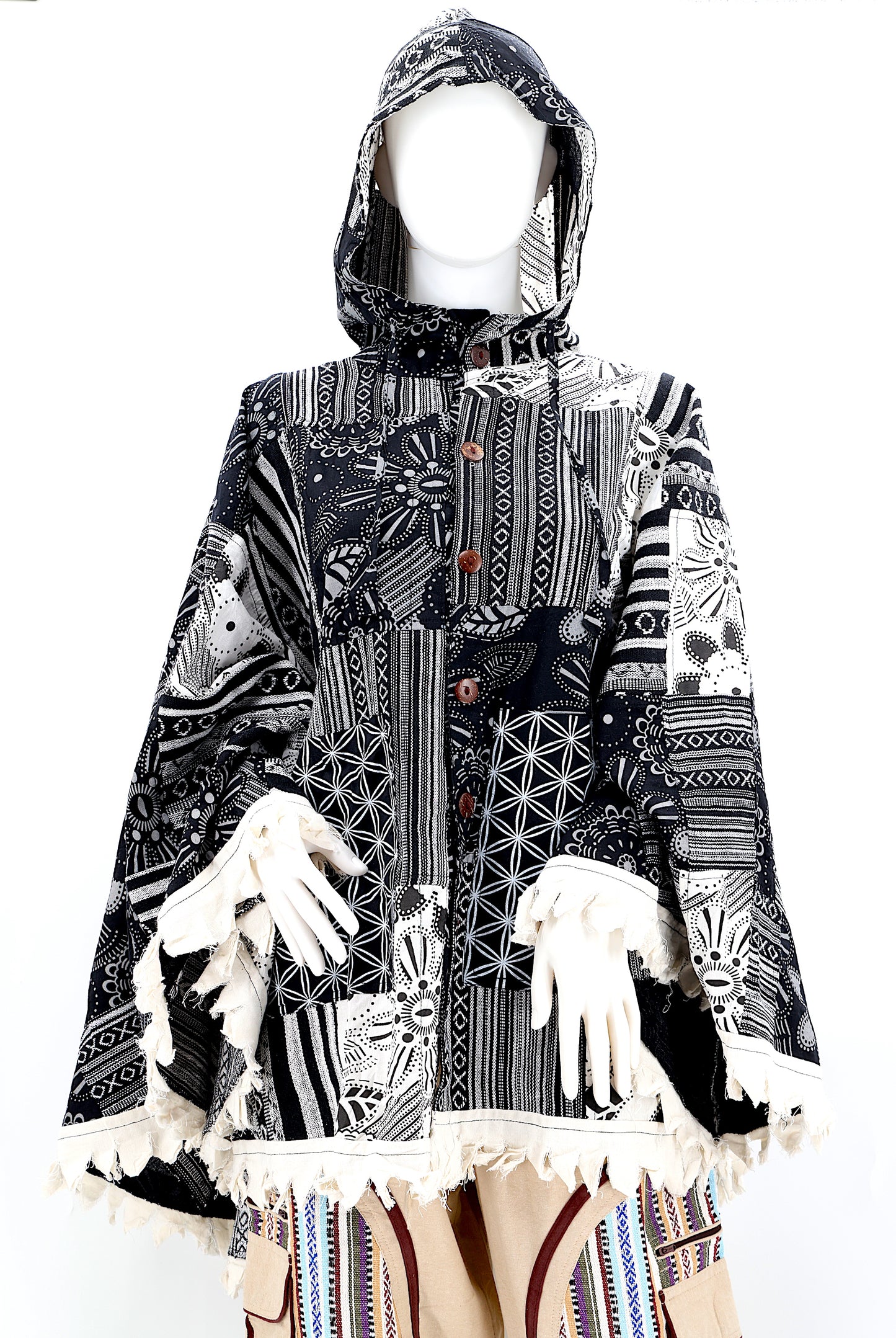 Cotton Hippie Handmade Flower of Life and Geometric Print Patchwork Bohemian Poncho