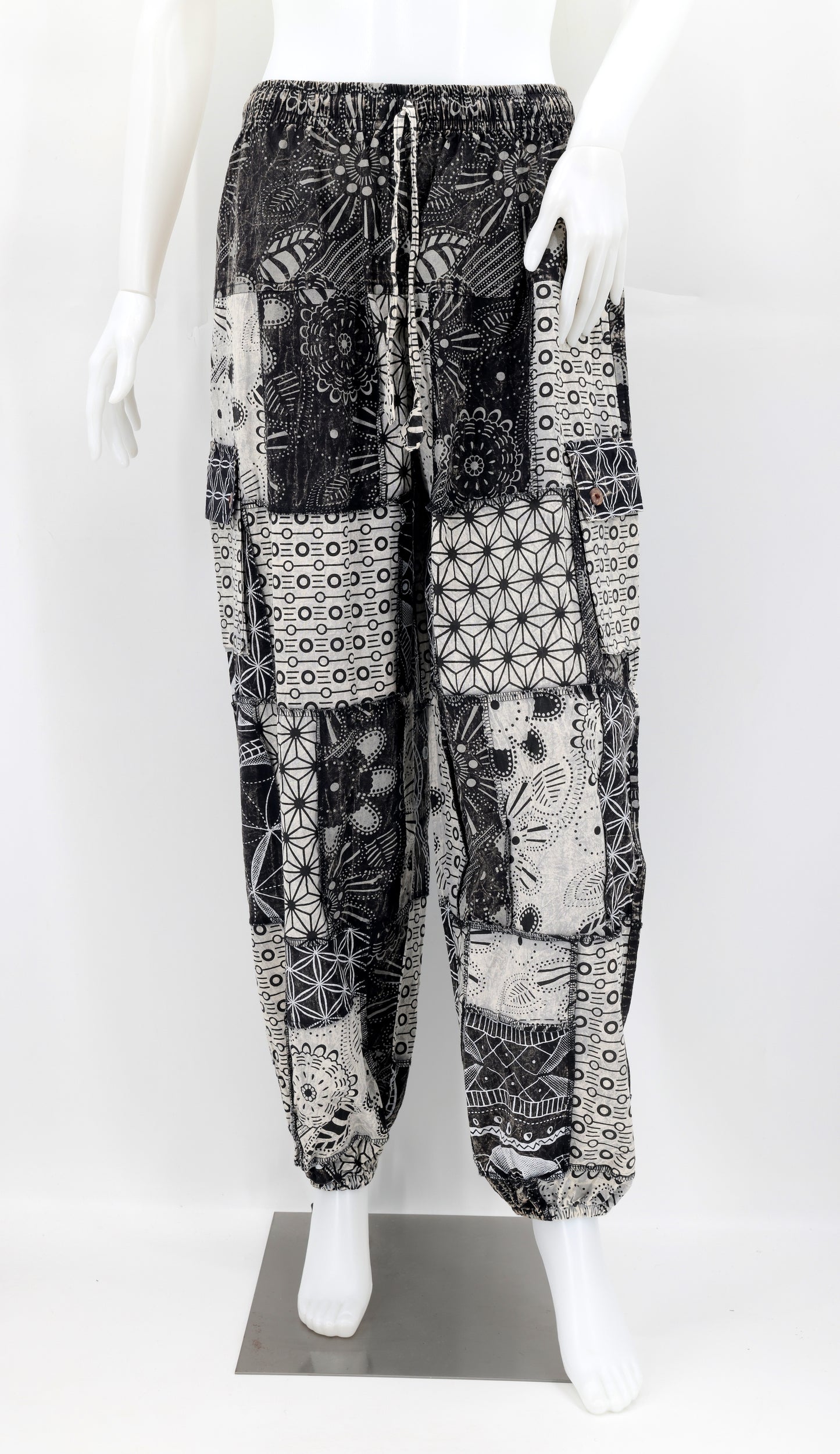 Geometric Patchwork Cargo Pants | Straight Leg Cotton Harem Pants