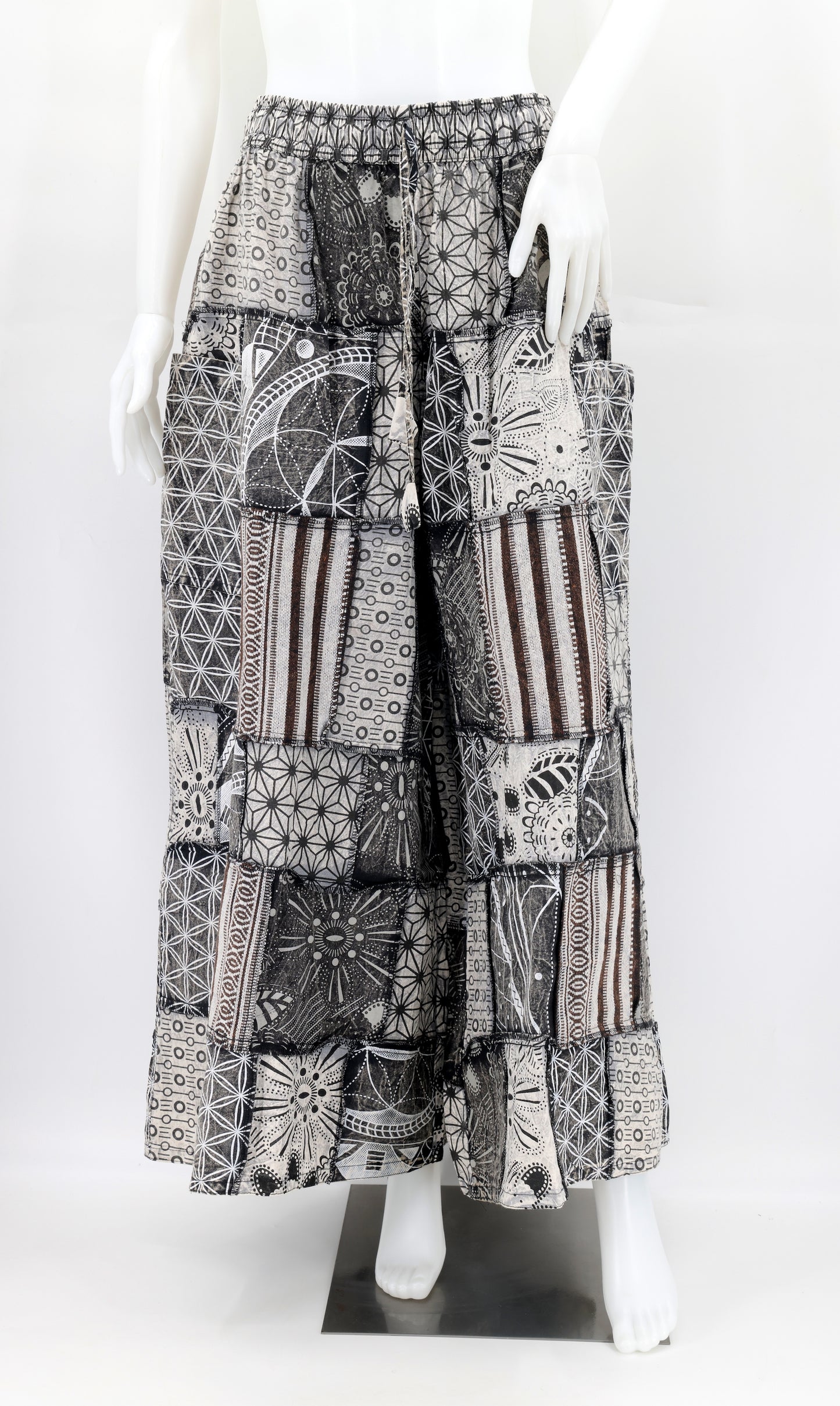 Handmade cotton harem pants with multicolored geometric patchwork and wide-leg design