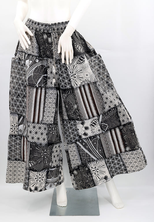 Handmade cotton harem pants with multicolored geometric patchwork and wide-leg design