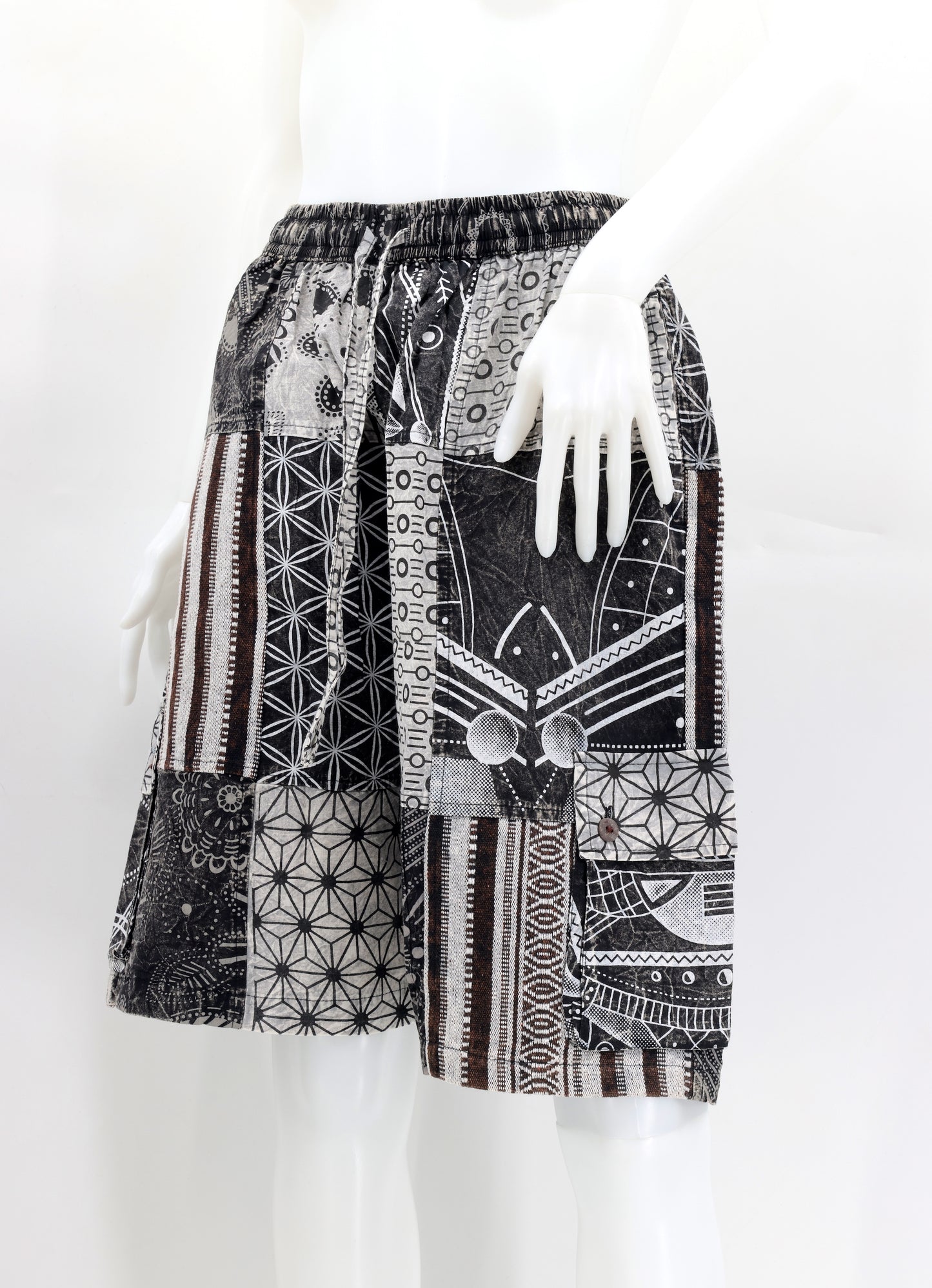 Cotton Hippie Handmade Black And White Gheri Patchwork Bohemian Shorts