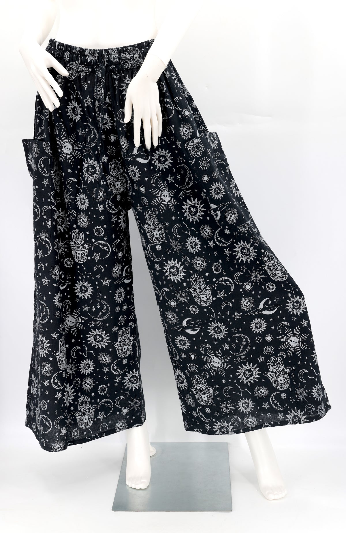 Handmade celestial harem pants with wide-leg cut and star and moon print, made from natural cotton