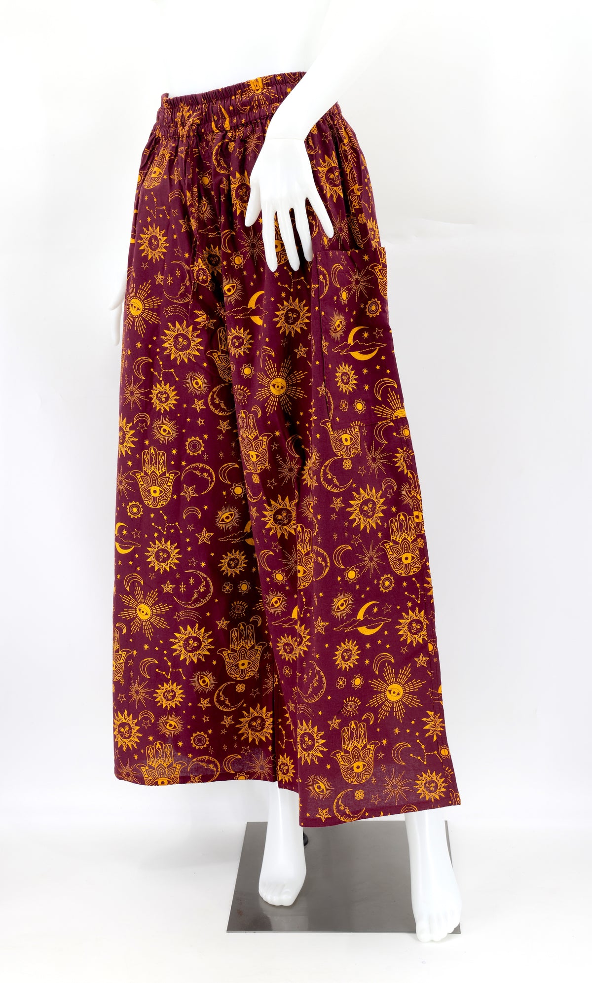 Handmade celestial harem pants with wide-leg cut and star and moon print, made from natural cotton