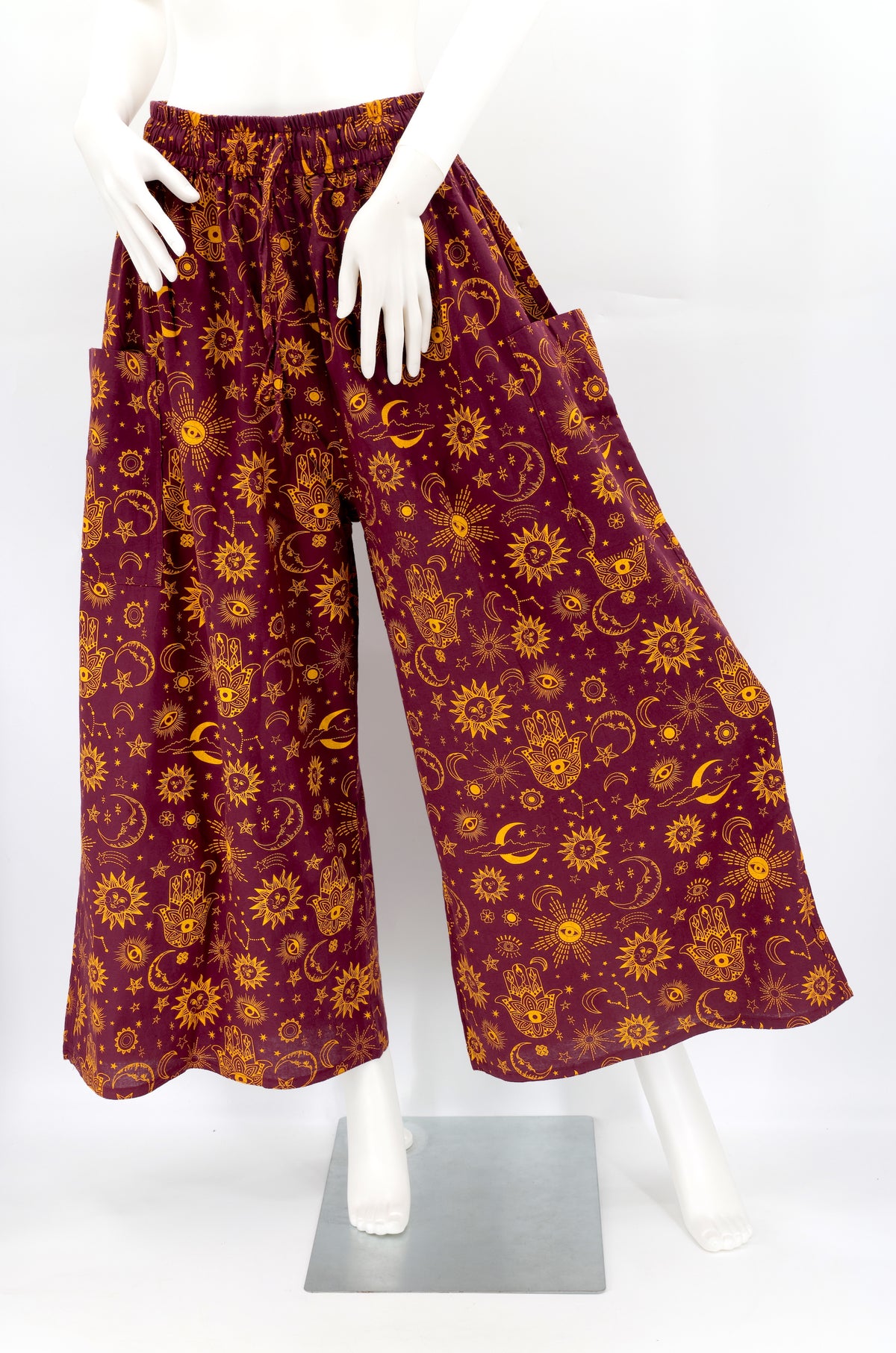 Handmade celestial harem pants with wide-leg cut and star and moon print, made from natural cotton