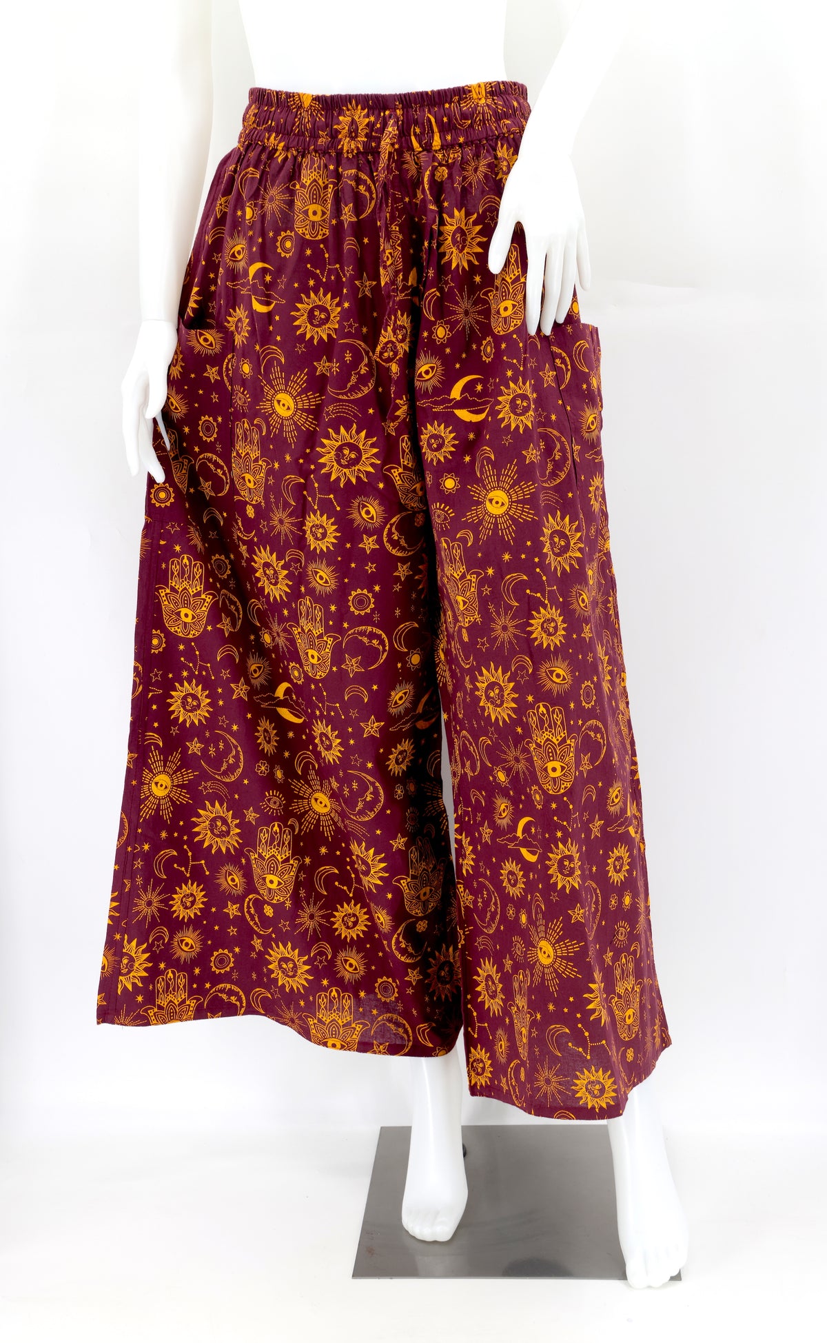 Handmade celestial harem pants with wide-leg cut and star and moon print, made from natural cotton