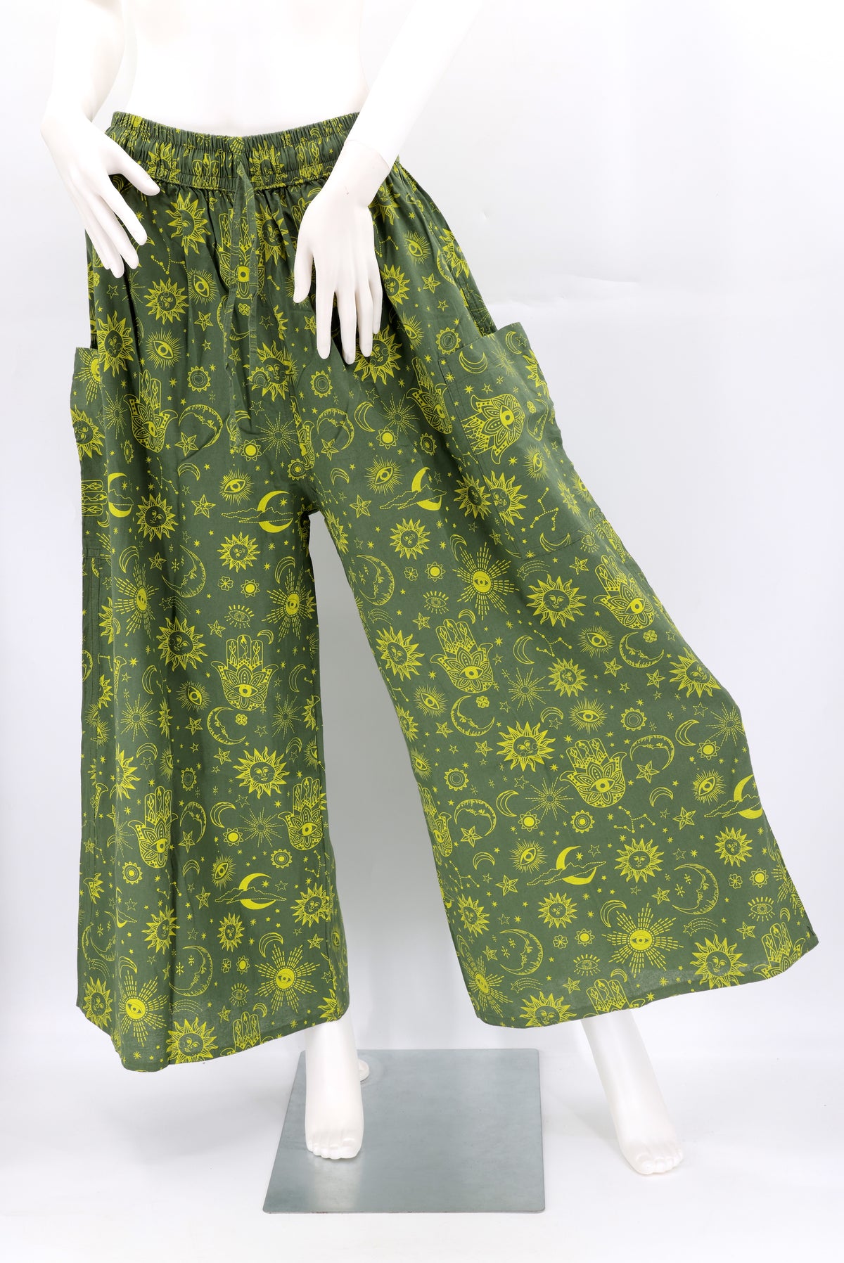 Handmade celestial harem pants with wide-leg cut and star and moon print, made from natural cotton