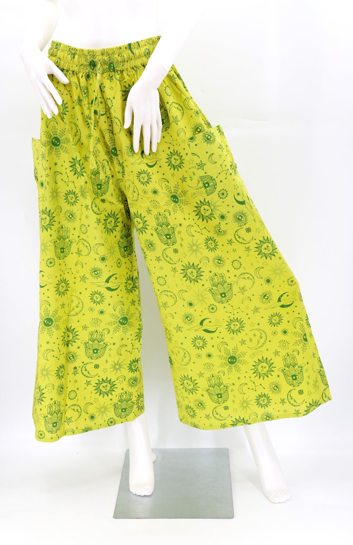Handmade celestial harem pants with wide-leg cut and star and moon print, made from natural cotton
