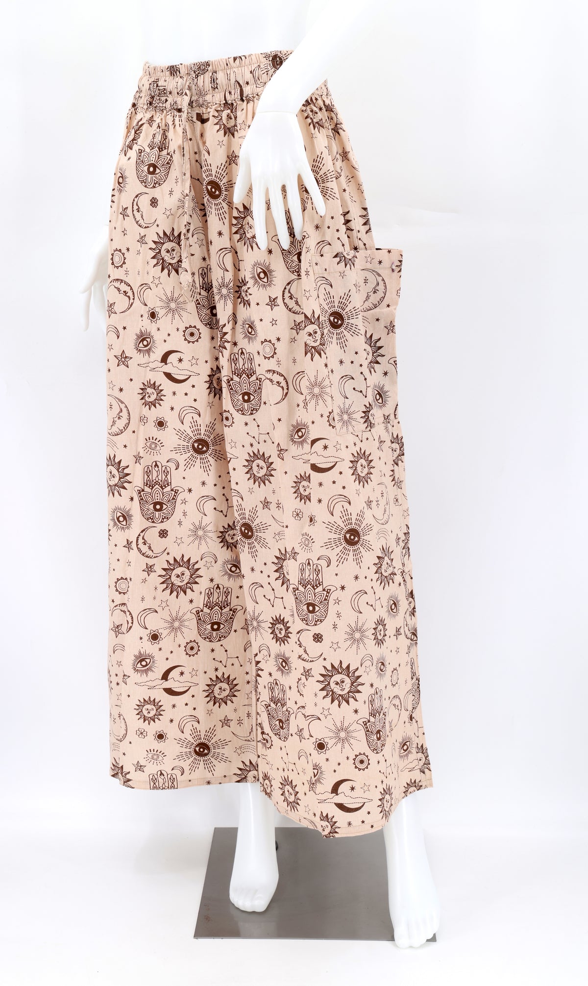 Handmade celestial harem pants with wide-leg cut and star and moon print, made from natural cotton