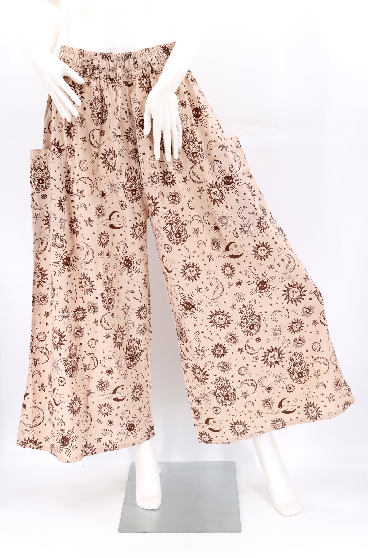 Handmade celestial harem pants with wide-leg cut and star and moon print, made from natural cotton