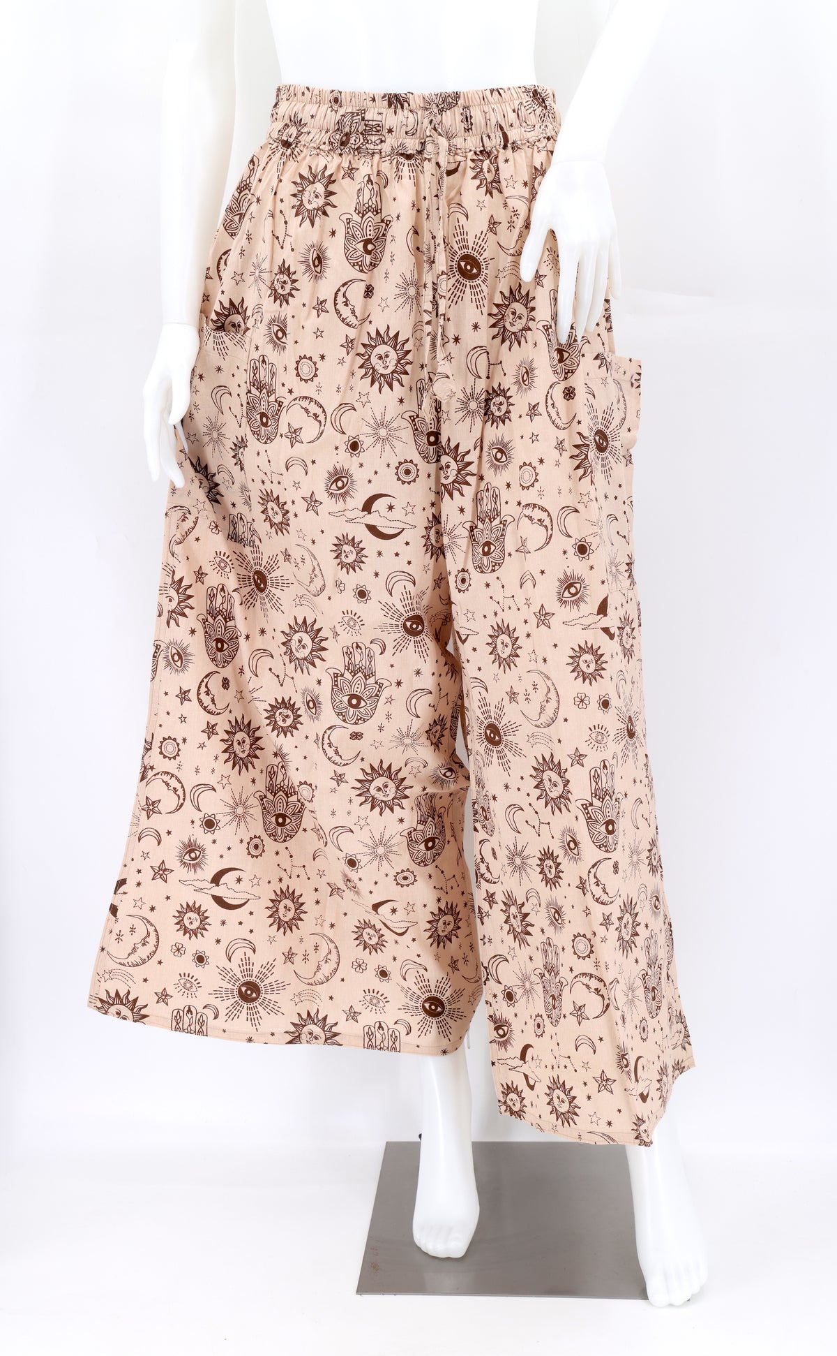 Handmade celestial harem pants with wide-leg cut and star and moon print, made from natural cotton