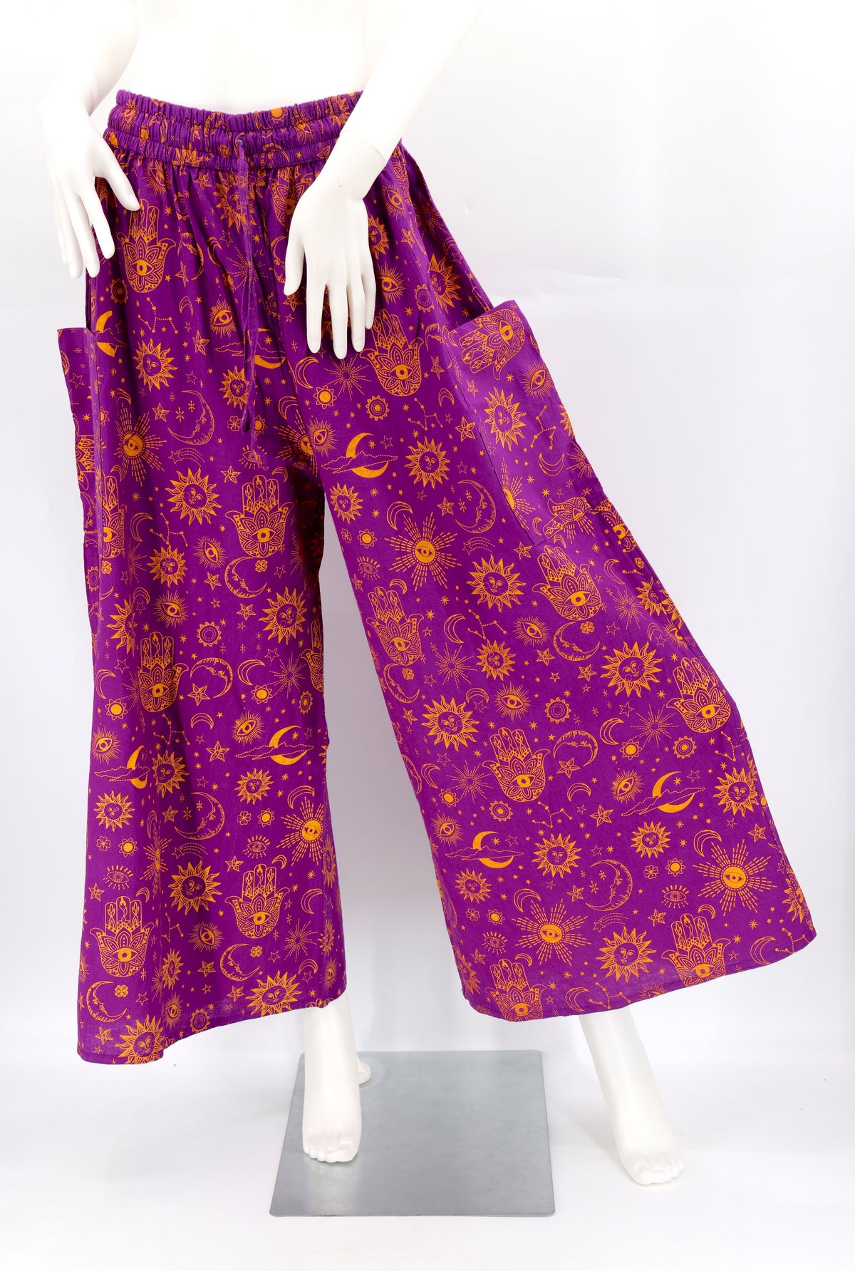 Handmade celestial harem pants with wide-leg cut and star and moon print, made from natural cotton