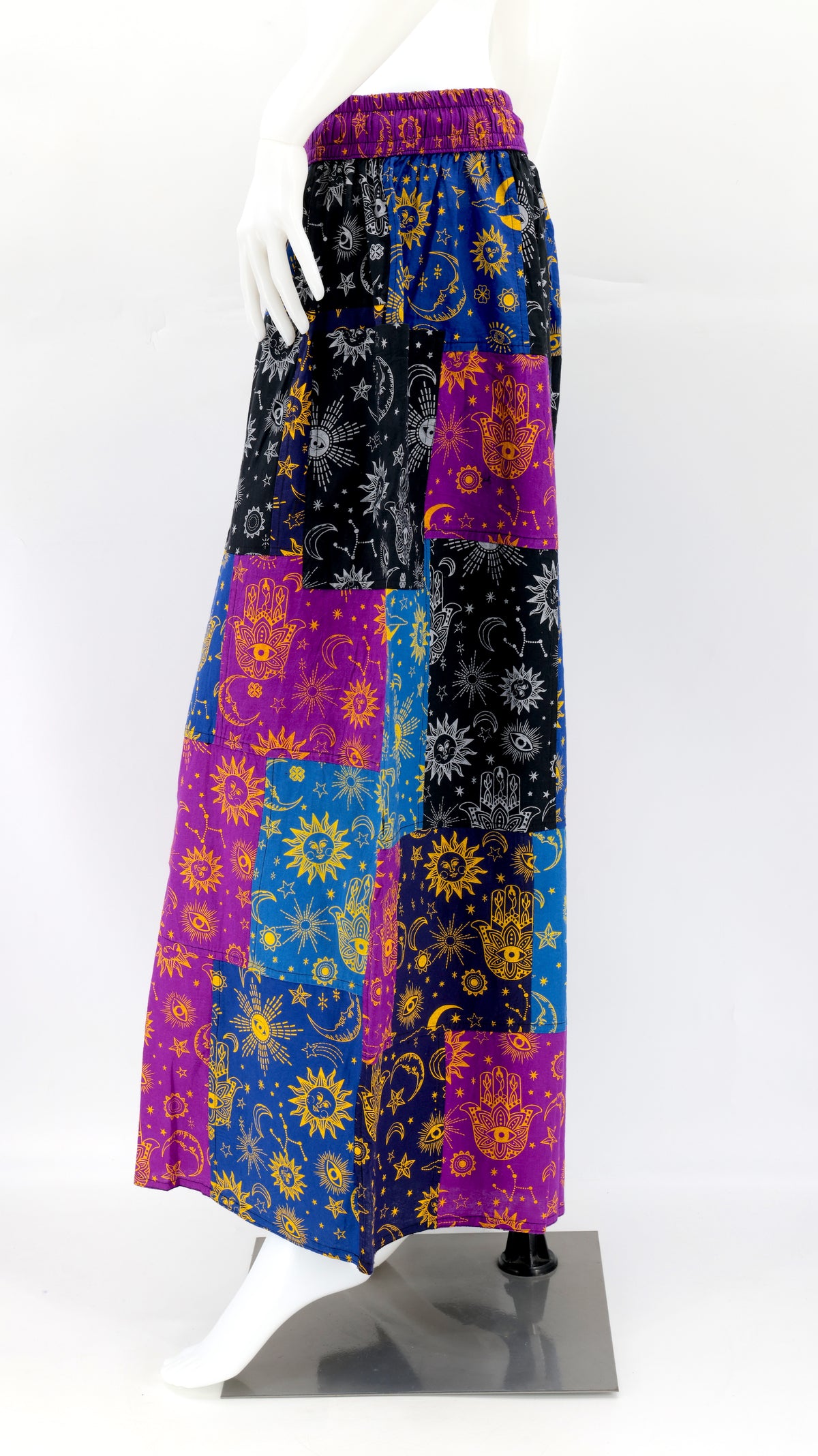 Side view of adjustable waistband and large pockets on cotton boho wide-leg pants