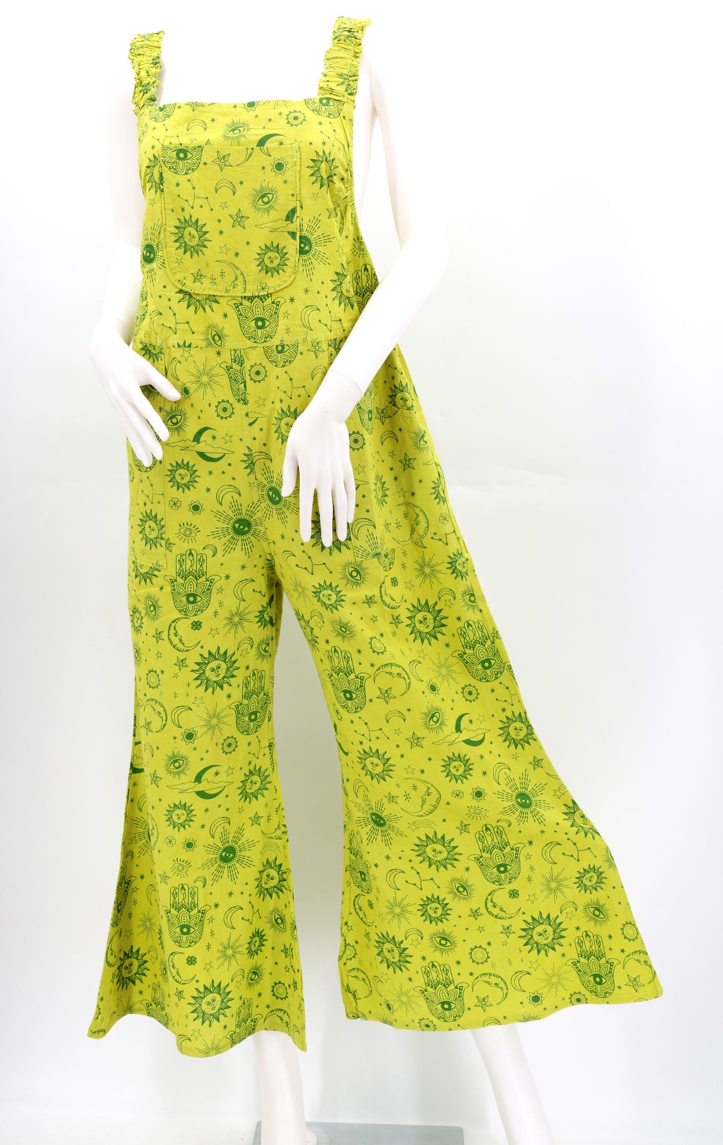 Cotton Hippie Handmade Celestial Print Wide Leg Bohemian Overalls