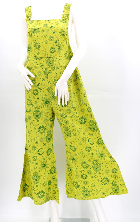 Cotton Hippie Handmade Celestial Print Wide Leg Bohemian Overalls