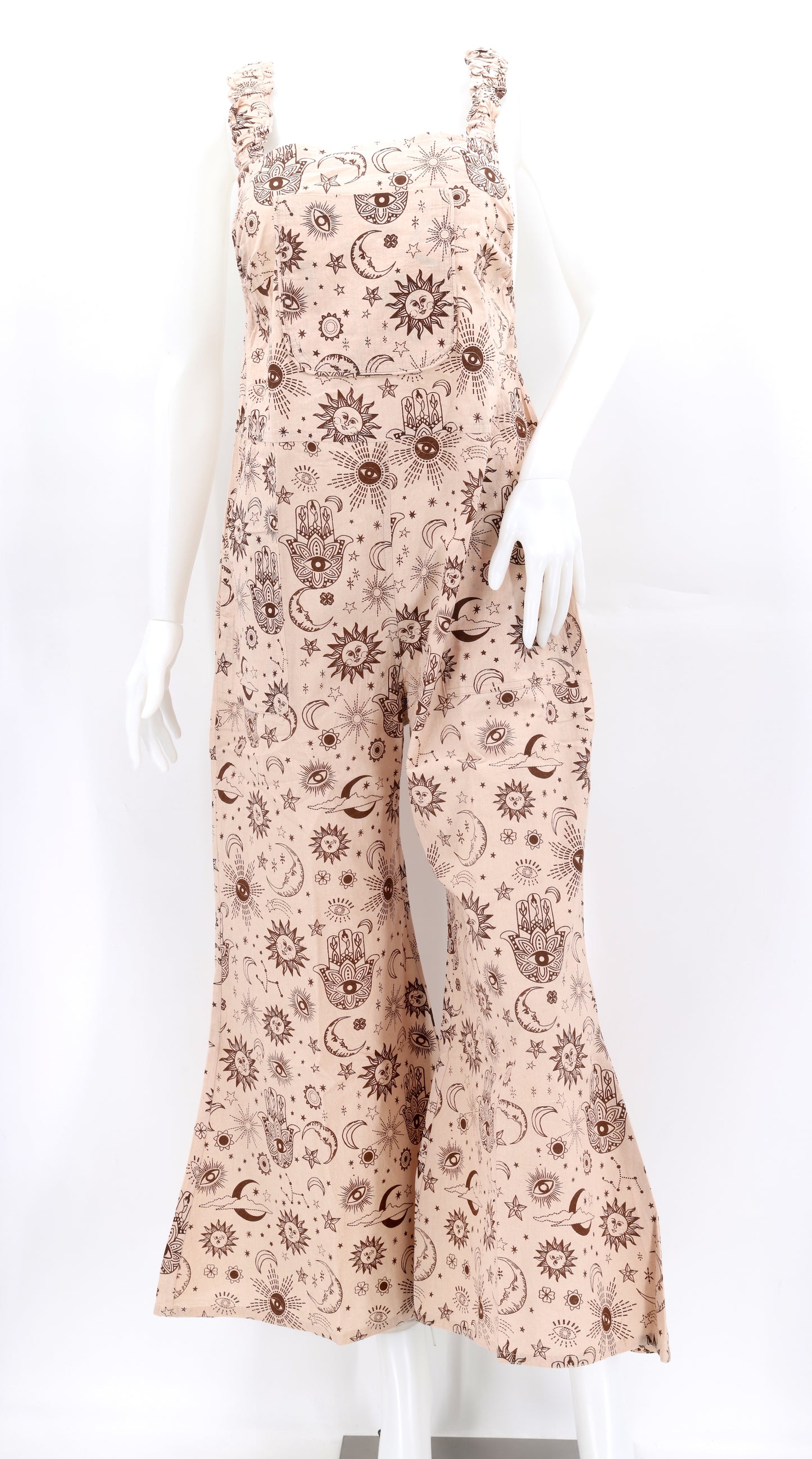 Cotton Hippie Handmade Celestial Print Wide Leg Bohemian Overalls