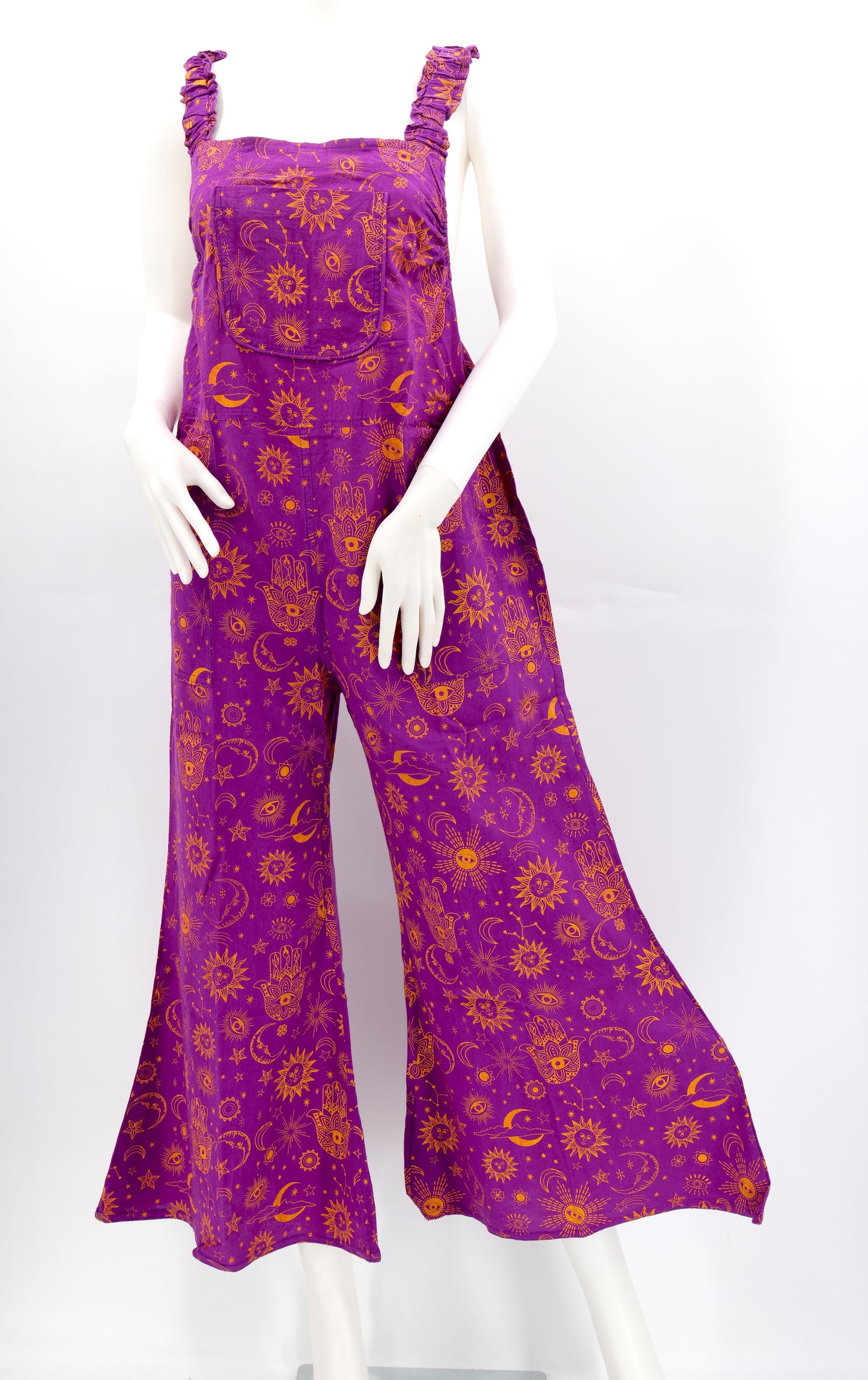 Cotton Hippie Handmade Celestial Print Wide Leg Bohemian Overalls