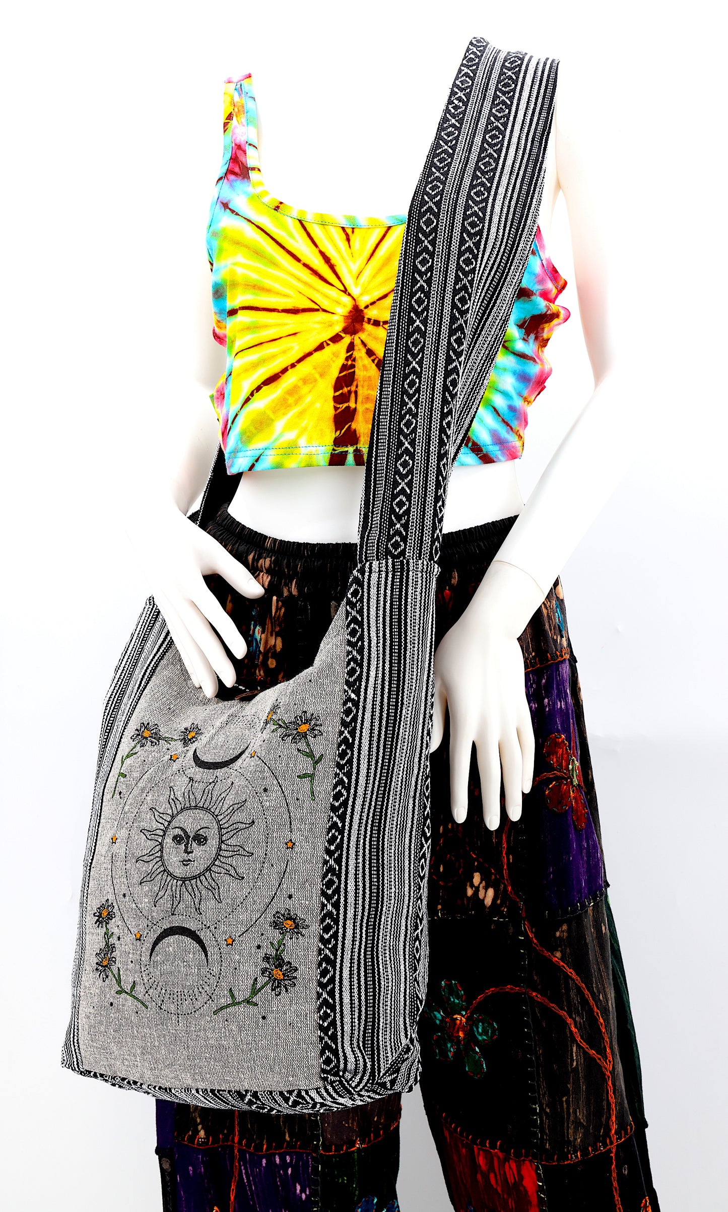 Cotton Celestial Sun and Moon Print Handmade Crossbody Bag