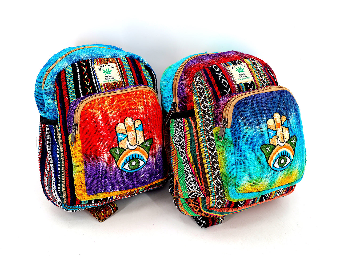 Hemp Hamsa Hand Embroidered Tie Dye Small Backpack