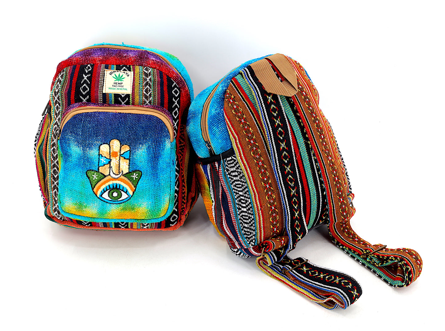 Hemp Hamsa Hand Embroidered Tie Dye Small Backpack