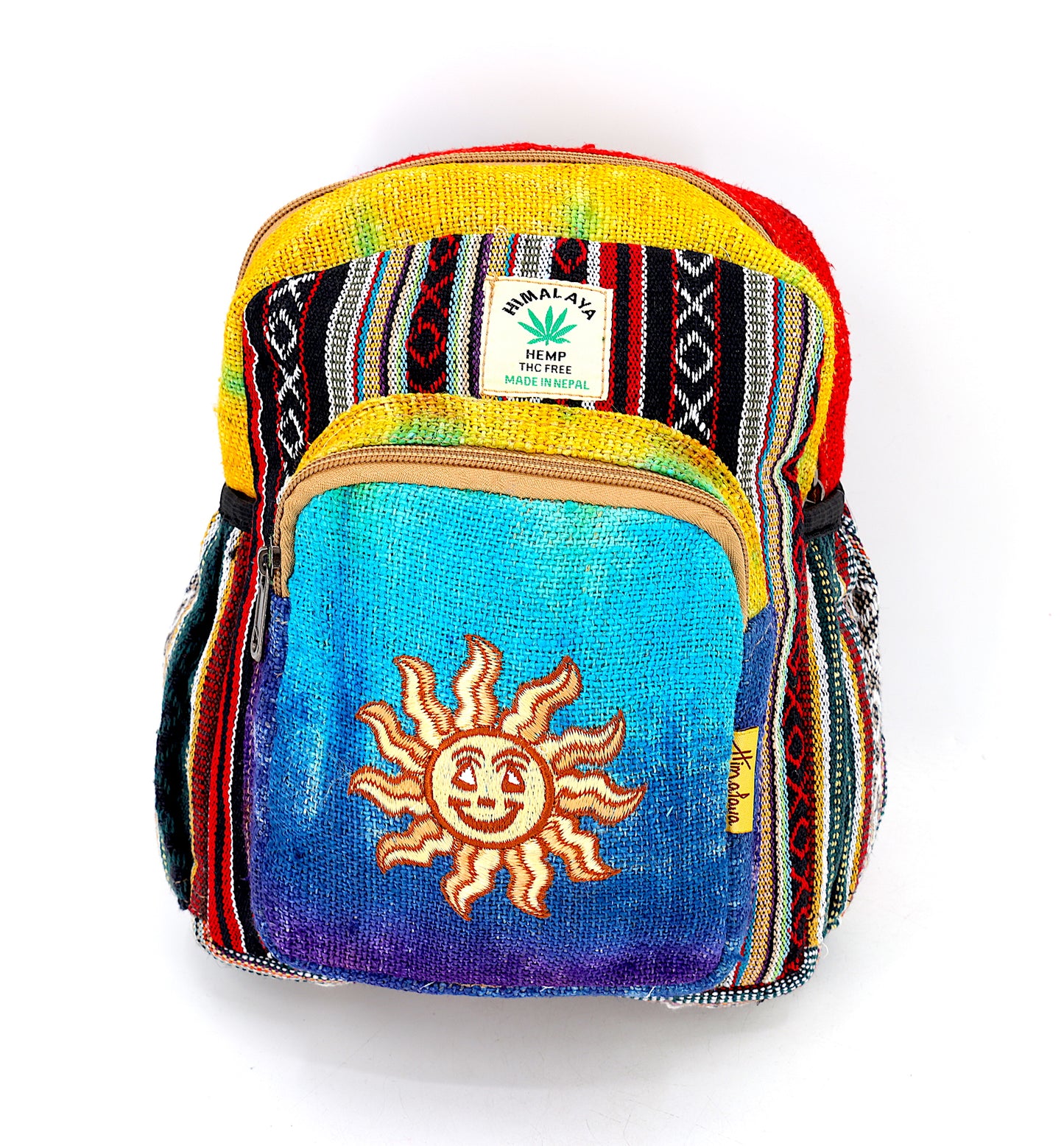 Hemp Smiling Sun Hand Embroidered Tie Dye Small Backpack