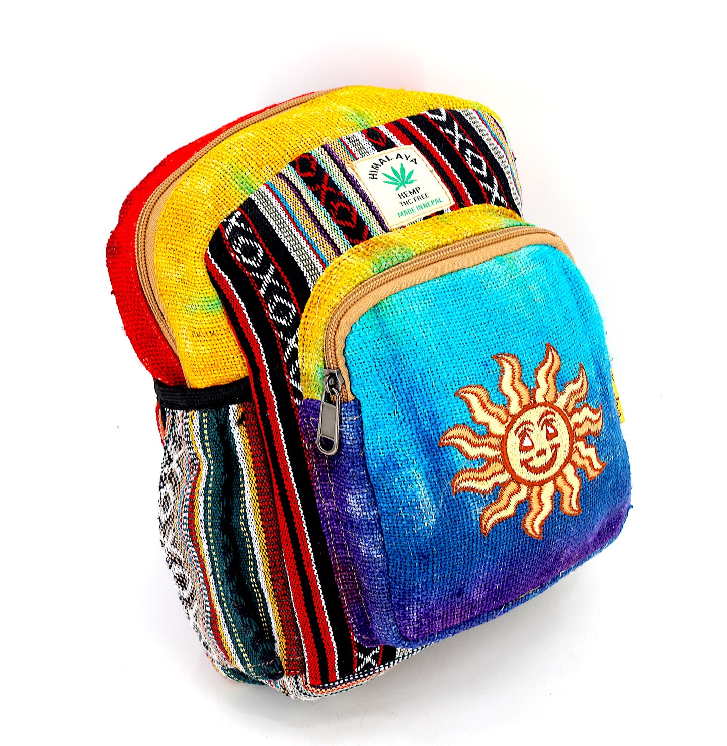 Hemp Smiling Sun Hand Embroidered Tie Dye Small Backpack