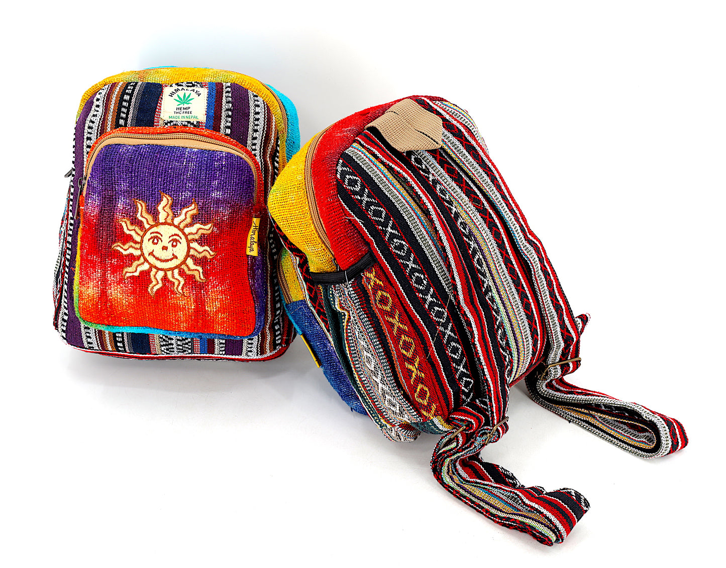Hemp Smiling Sun Hand Embroidered Tie Dye Small Backpack