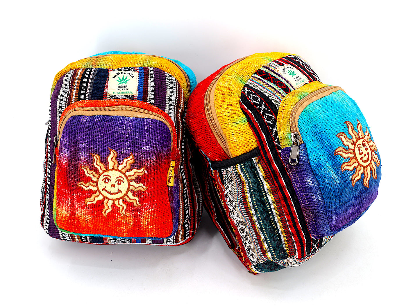 Hemp Smiling Sun Hand Embroidered Tie Dye Small Backpack