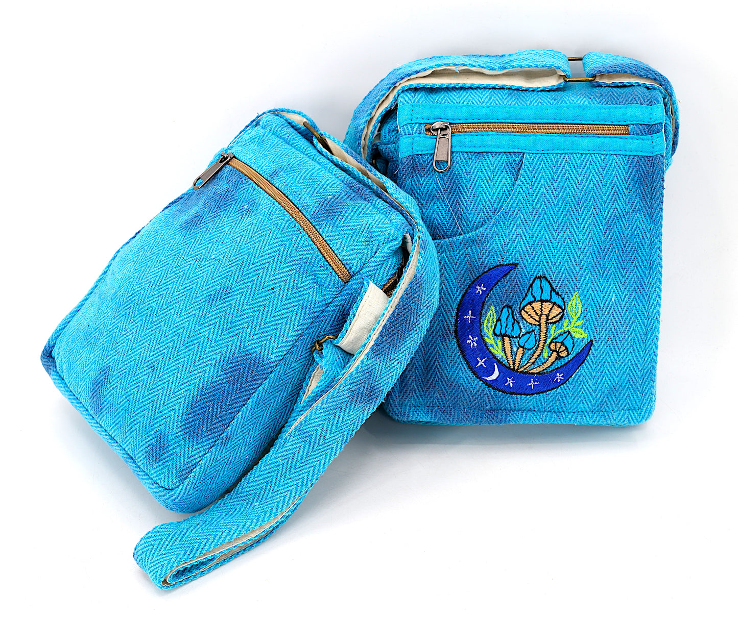 Hemp Moon Mushroom Hand Embroidered Passport Bag