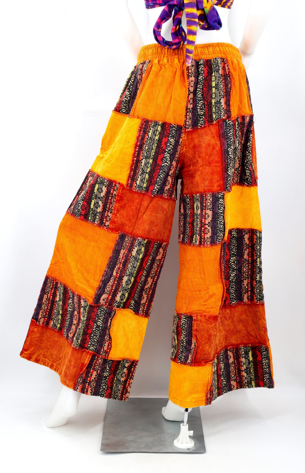 Pantalon palazzo en velours côtelé patchwork | Pantalon palazzo d’hiver à jambes larges