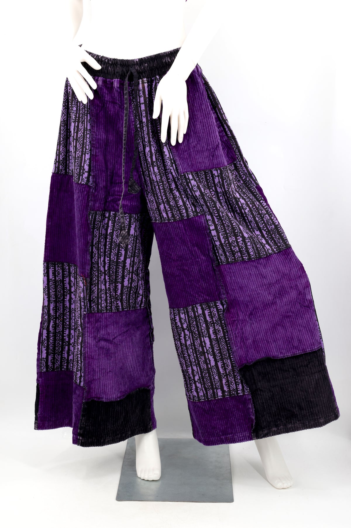 Pantalon palazzo en velours côtelé patchwork | Pantalon palazzo d’hiver à jambes larges