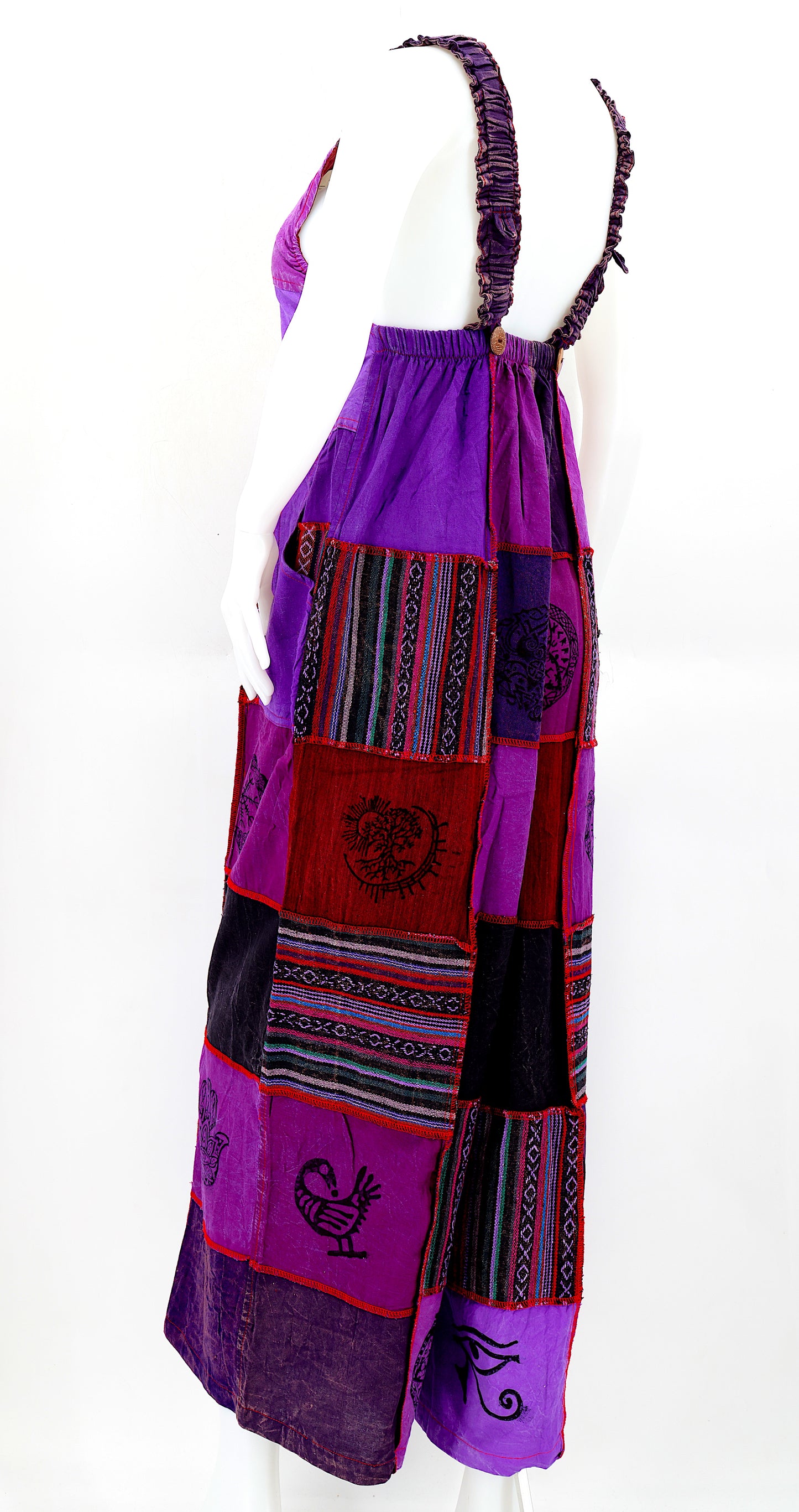 Cotton Hippie Handmade Gheri Patchwork Pagan Symbols Wide Leg Bohemian Overalls