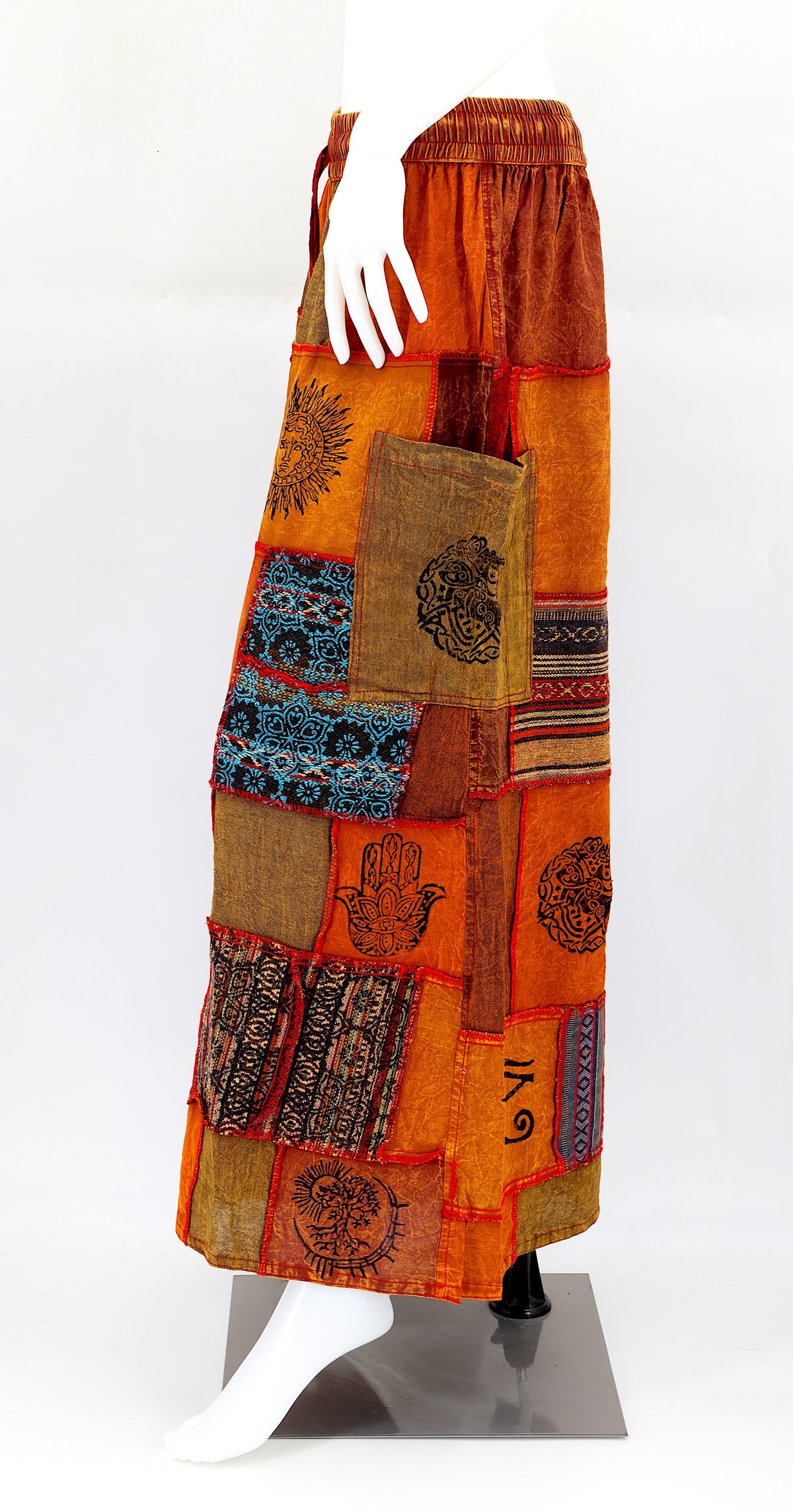 Side profile of hippie-style harem trousers with mystical Old Gods symbols and deep side pockets