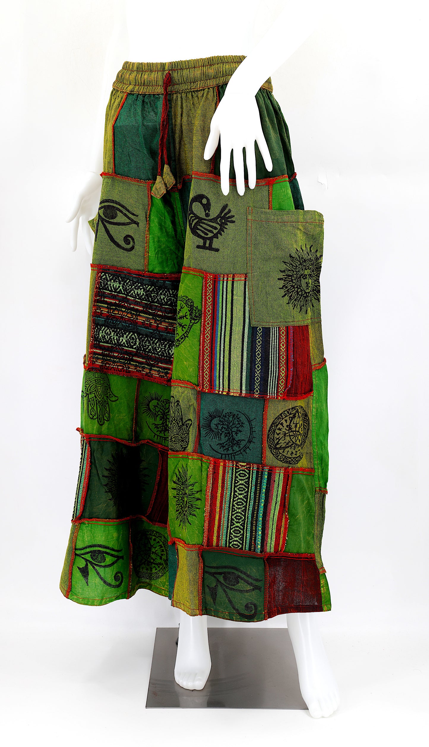 Cotton Hippie Handmade Harem Overlock Old Gods Symbols Patchwork Wide Leg Bohemian Pants, Palazzo Pants