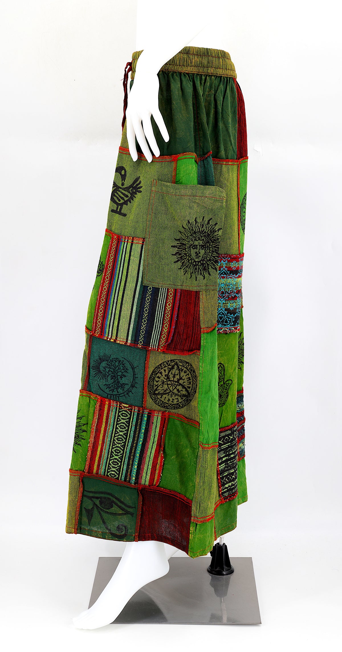 Side profile of hippie-style harem trousers with mystical Old Gods symbols and deep side pockets