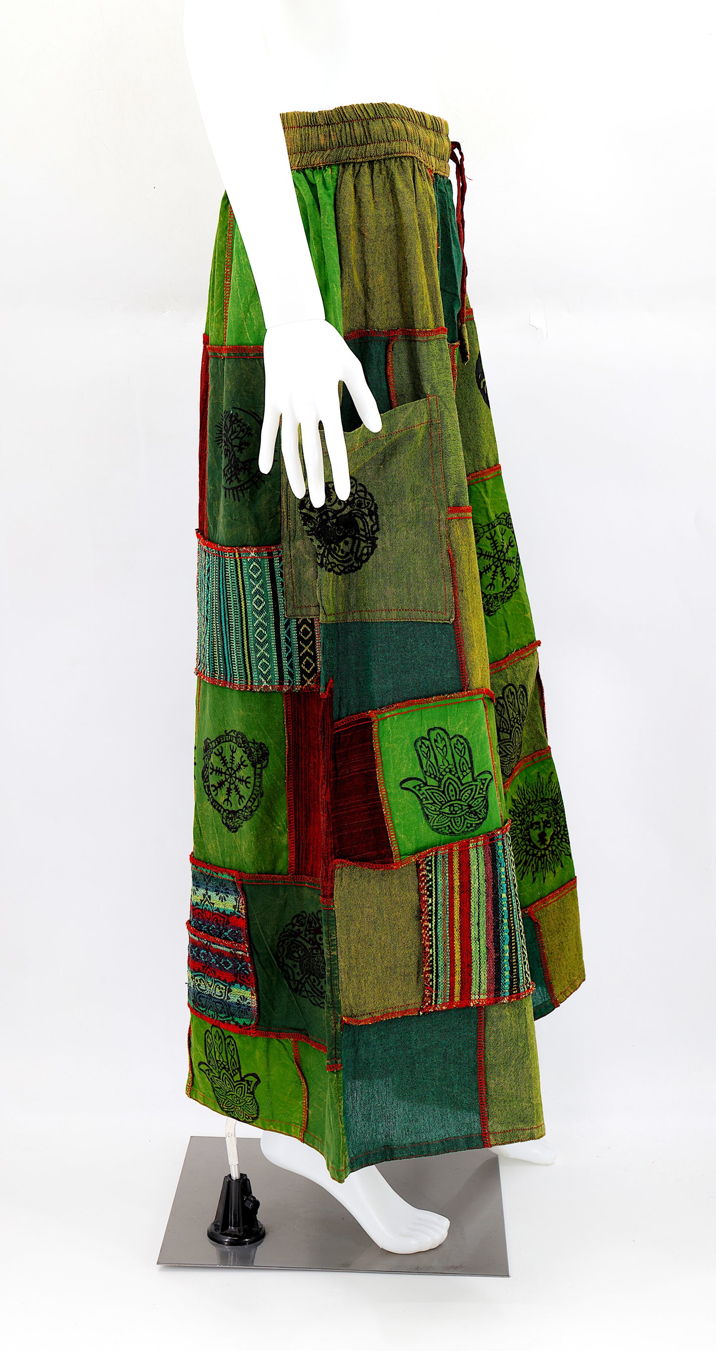 Side profile of hippie-style harem trousers with mystical Old Gods symbols and deep side pockets