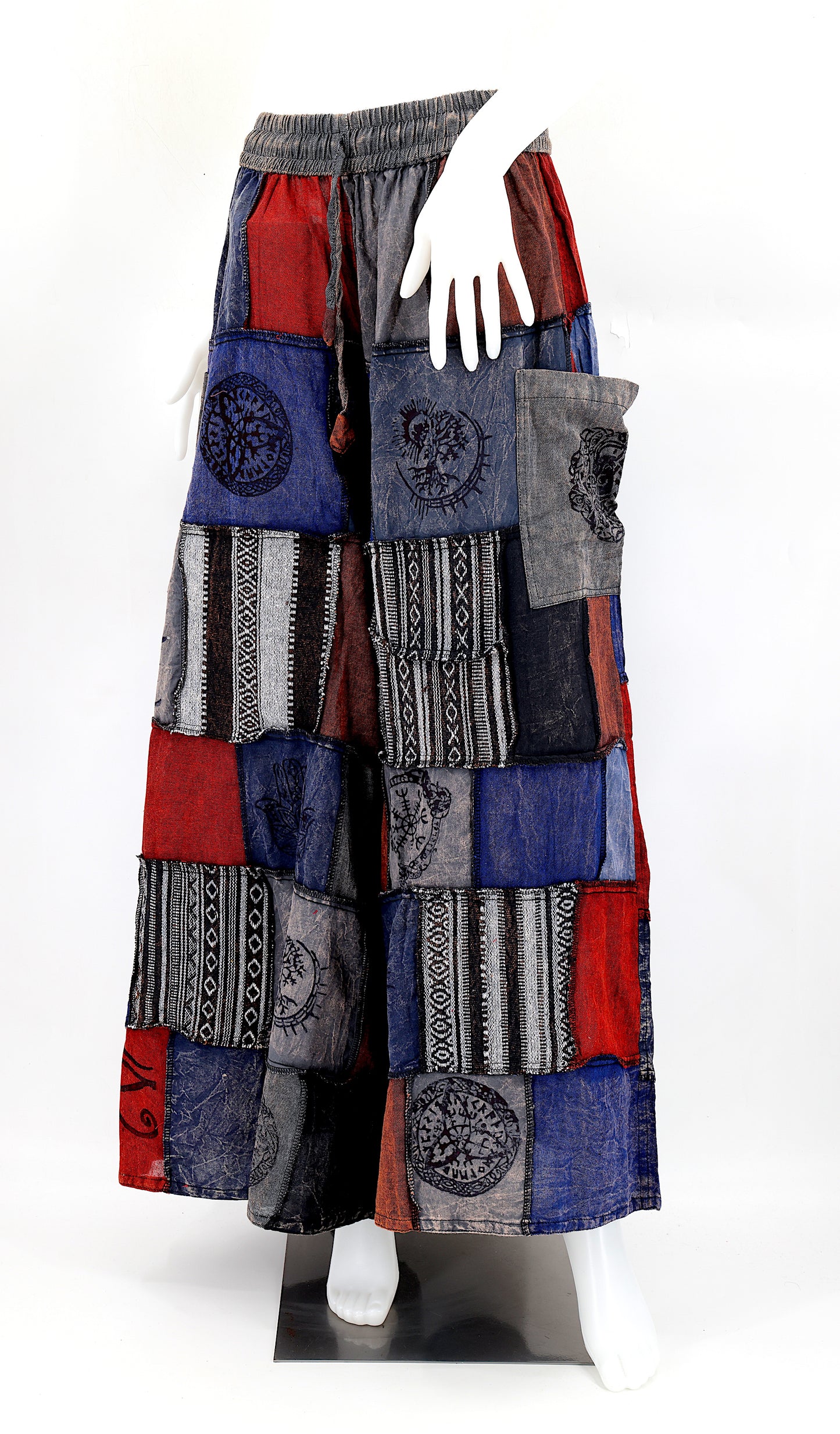 Cotton Hippie Handmade Harem Overlock Old Gods Symbols Patchwork Wide Leg Bohemian Pants, Palazzo Pants
