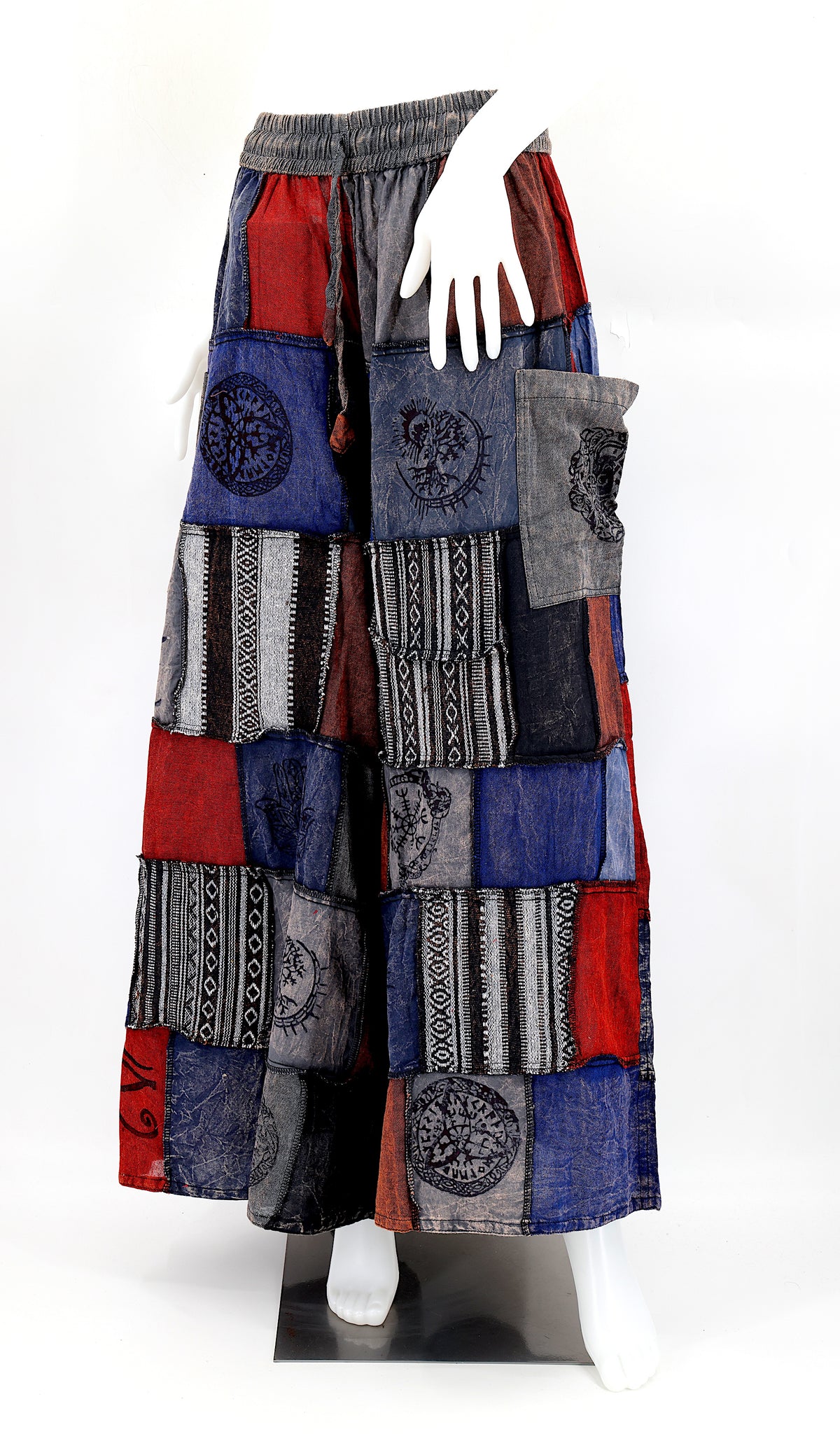 Bohemian harem pants with Old Gods symbolic patchwork and wide-leg design, handmade from natural cotton